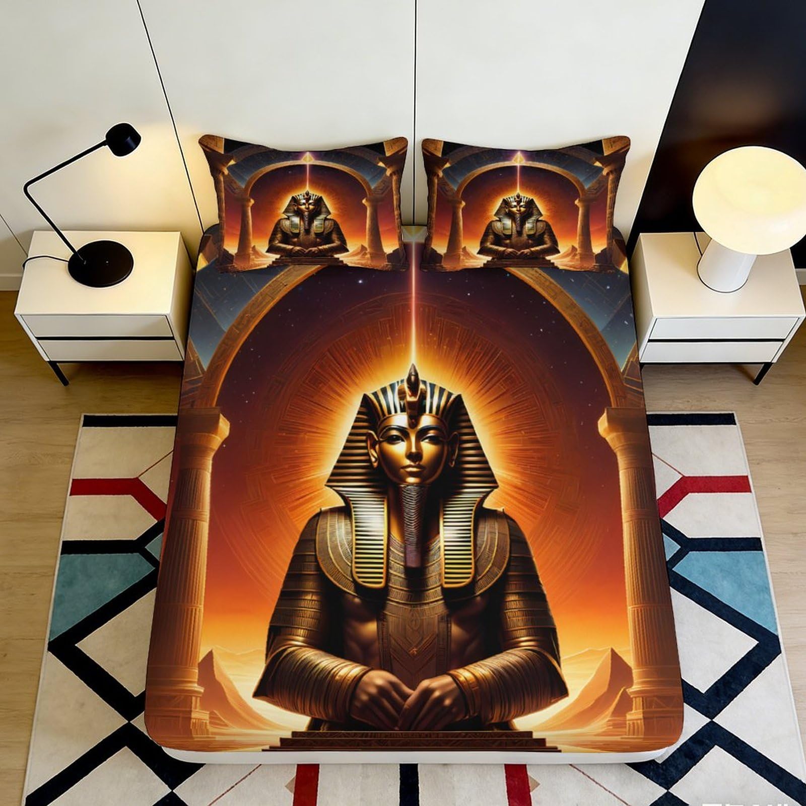 3D Printed Egyptian Pharaoh Fitted Sheet Microfiber Deep Pocket Non-Slip Bedroom Bedding Pharaoh Mattress Fitted Cover for Adults Teens 90x200x25cm