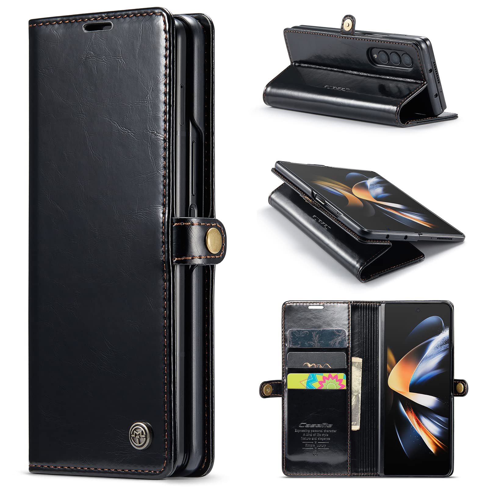 Kowauri Case for Samsung Galaxy Z Fold 4 5G,PU Leather Wallet Folio Flip Phone Case with Card Holder Kickstand Magnetic Closure Shockproof Protection Case for Men Women (Black)