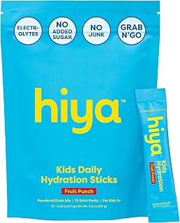 HIYA Kids Hydration with Electrolytes, 15 Sticks, Fruit Punch, 0g Sugar | Pediatrician Approved Kids Hydration Packets, Travel-Friendly Drink Mix for Children Ages 2+, Third Party Tested
