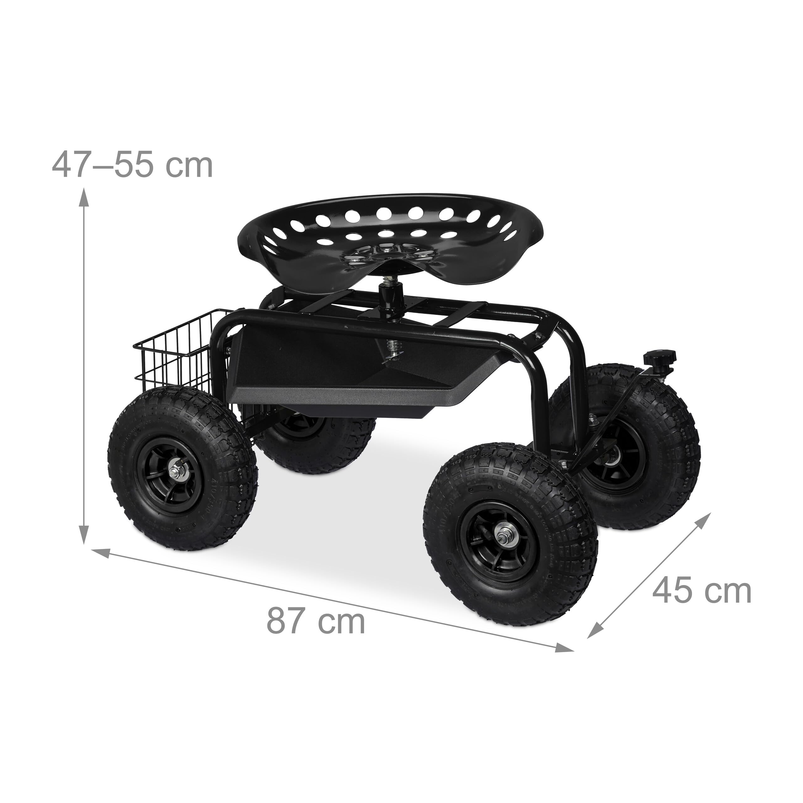 Relaxdays Siège Roulant de Jardin, réglable en Hauteur, 150 kg, Accessoire Jardinage, 4 Roues, Noir
