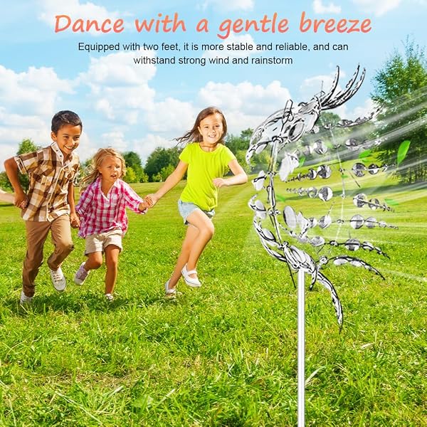 DASIAUTOEM Magische Windmühle, 3D Windrad Edelstahl, Windspiel Garten mit Gartenpfahl, Wind Spinner im Freien, 360° Dual Rotors kinetische Wind Spinner für Hof, Garten, Terrasse, Dekoration (Silber) - 4