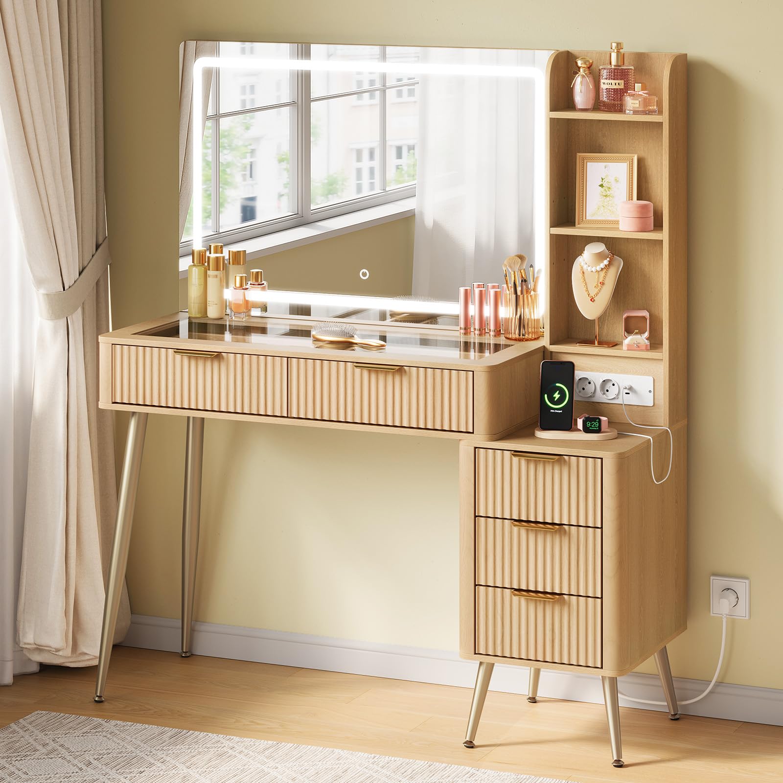 WOLTU Coiffeuse avec Grand Miroir LED, Éclairage Réglable, Multiprise, Plateau en Verre Trempé, Table Maquillage avec 2 Tiroirs à Diviseur Amovible, Armoire Latérale, Casiers Ouverts, Style Chêne