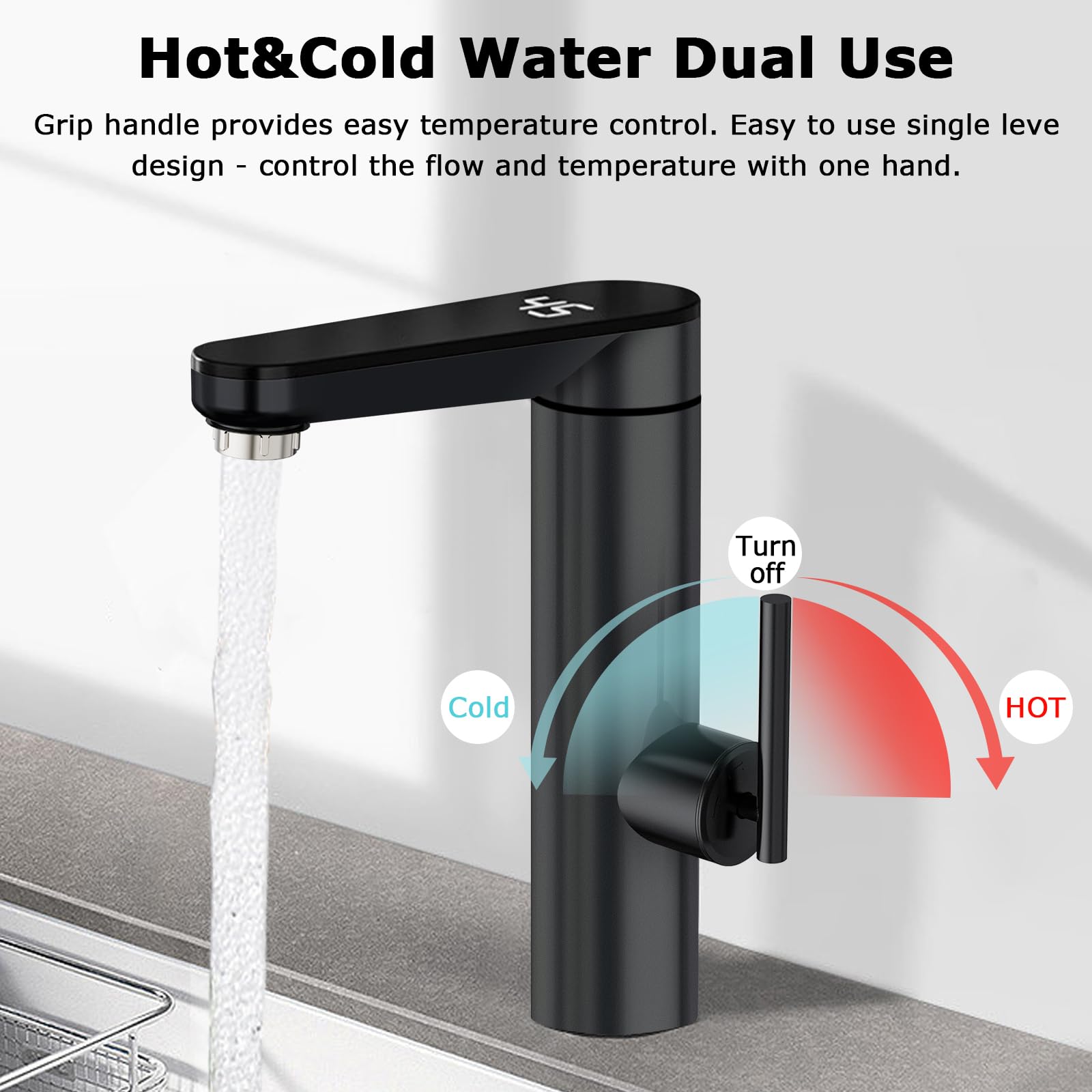 Wasserhahn mit Durchlauferhitzer, Warmwasserhahn Dlektrisch, Elektrischer Heiß- und Kaltmischer Wasserheizhahn mit digitaler Anzeige, 220 V 3000W Edelstahl Wasserhahn mit 120° drehbarem (Black)