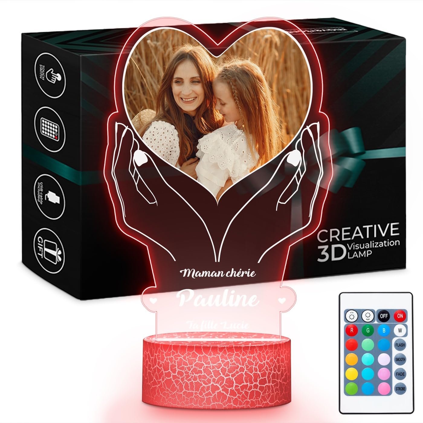 Maverton Lampe LED Personnalisée Pour Maman - Lampe Photo Personnalisé - Cadeau Personnalisé Fete des Meres - Cadeau Maman Anniversaire - Plaque Acrylique 22x15cm avec Socle Lumineux - coeur