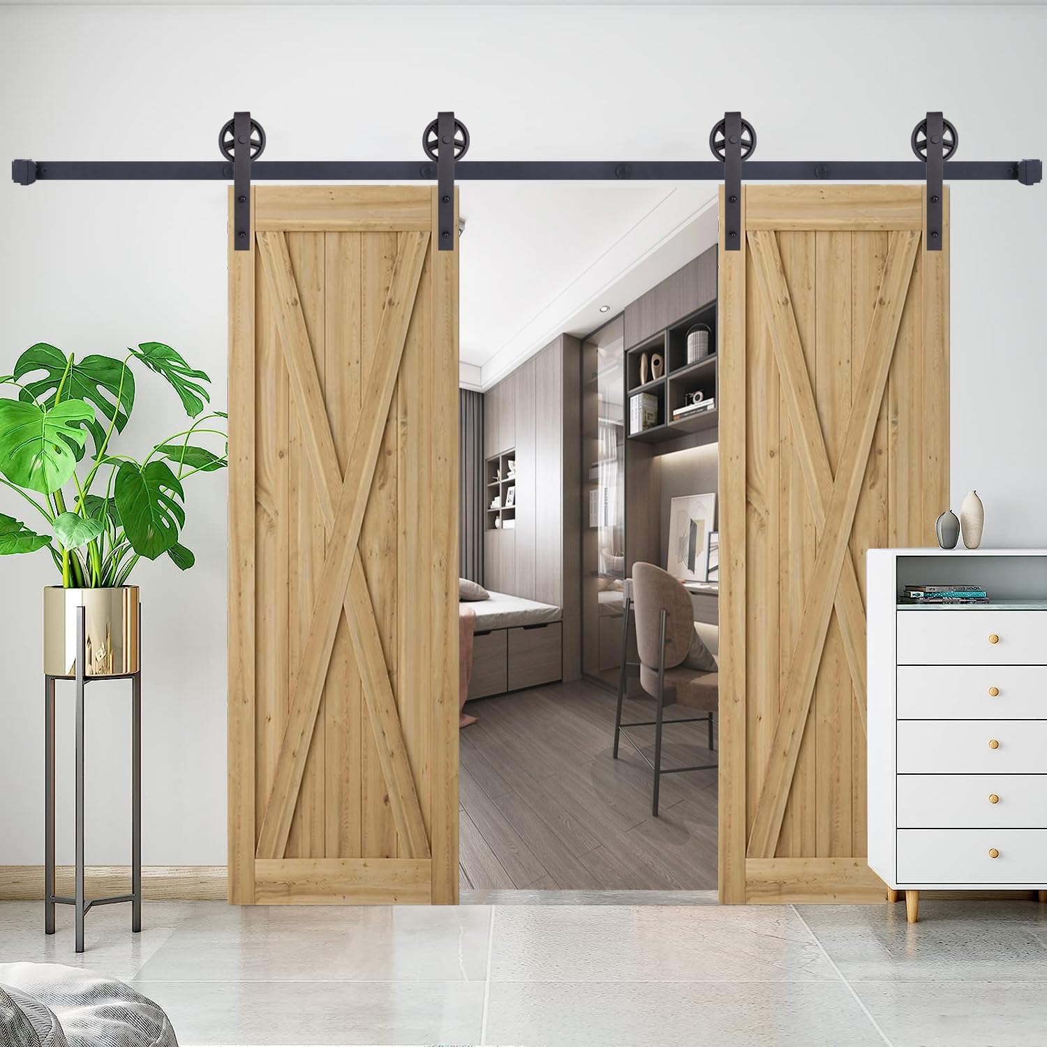 244cm/8FT Quincaillerie Kit de Rail pour Porte de Grange,Kit de Rail Porte Coulissante,Ensemble Industriel pour Porte Suspendue en Bois pour Double Porte