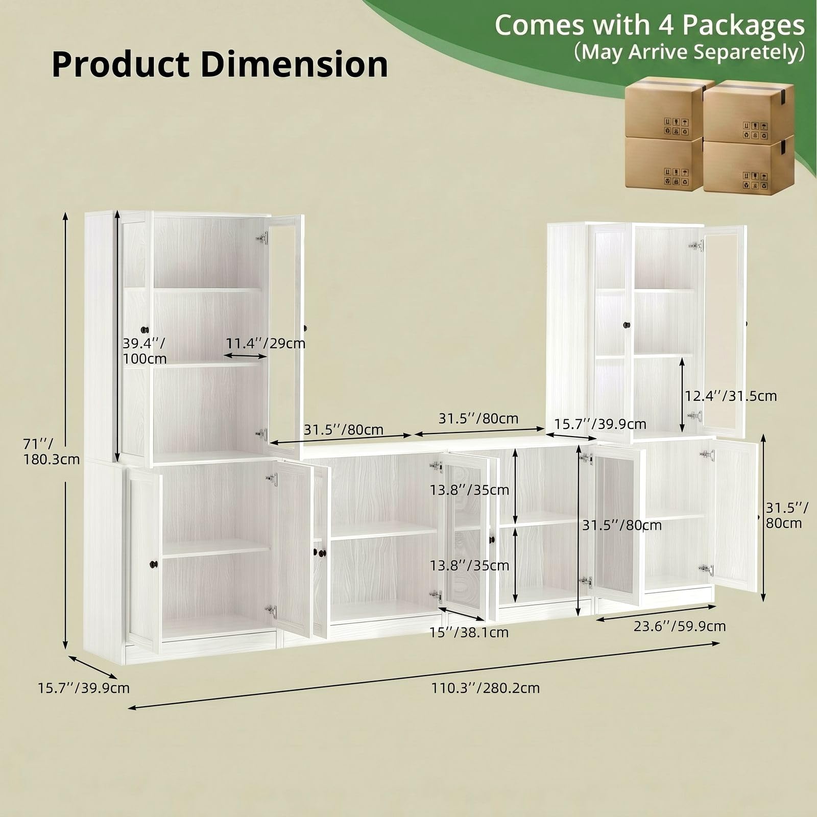 VOWNER Grande Mobile TV Soggiorno 180 cm per TV fino a 70 Pollici，Centro di Intrattenimento con Scaffali, Libreria Combinabile per Soggiorno, 2B+2D (Bianco)