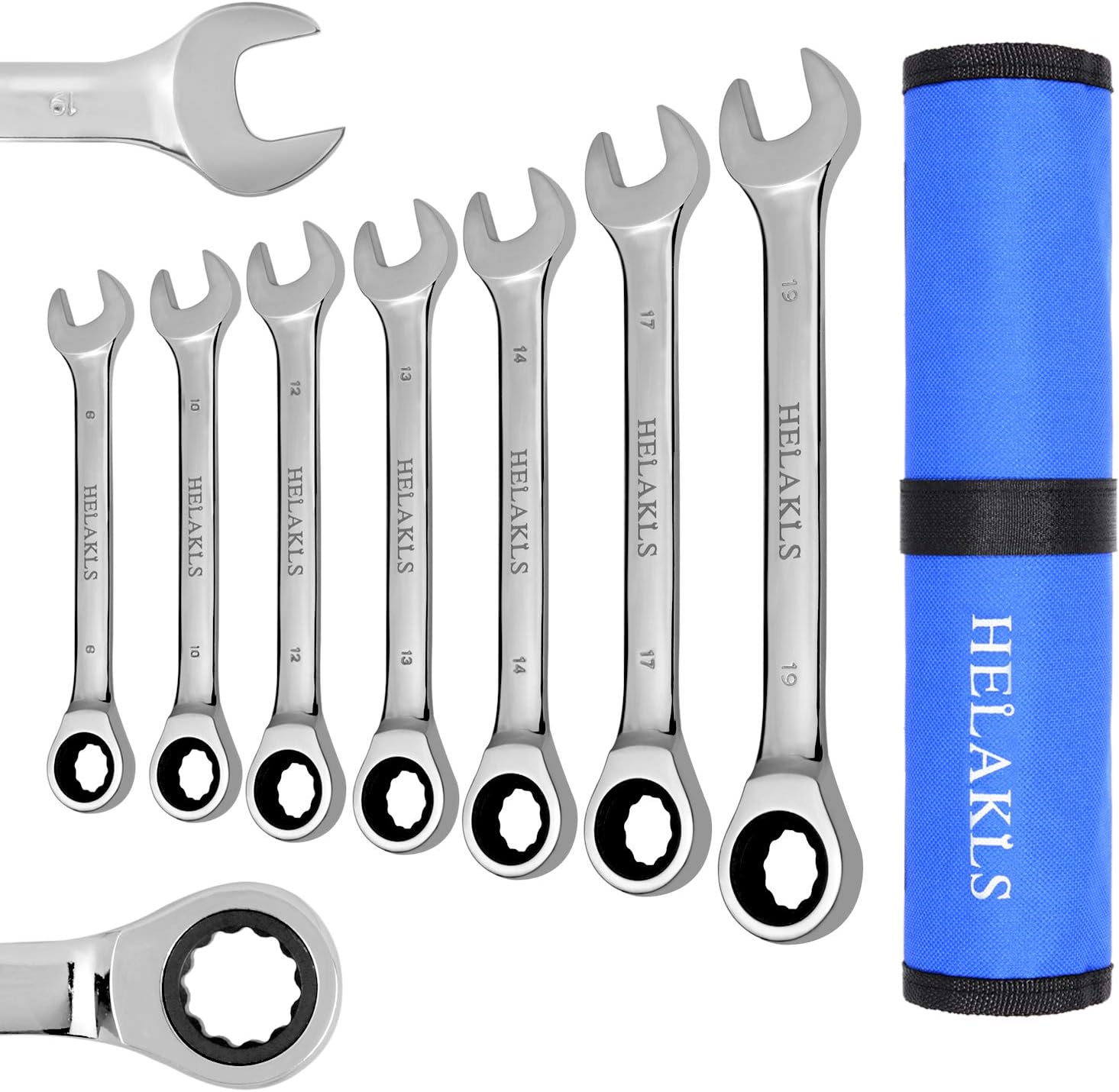 7 Piece 8mm-19mm Ratcheting Wrench Set Metric Full Polished 12-Point Box End Combination Spanner Gear Wrench Garage Tool Set for Mechanics