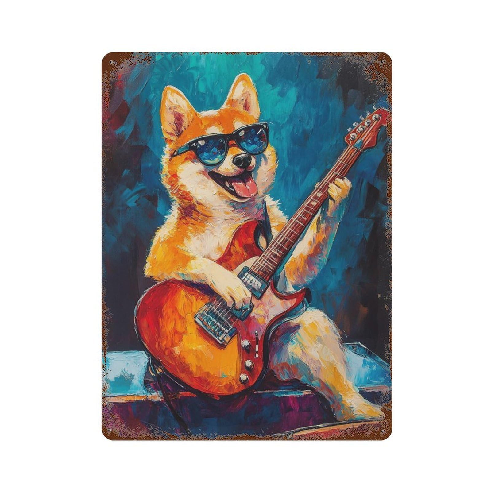 Rust Effect Shiba Inu Rock Star Guitar Painting -1 Aged Metal Wall Plaque 15.7"x11.8", Classic Wall Plaque for Basement, Hobby Room And Garage Decor