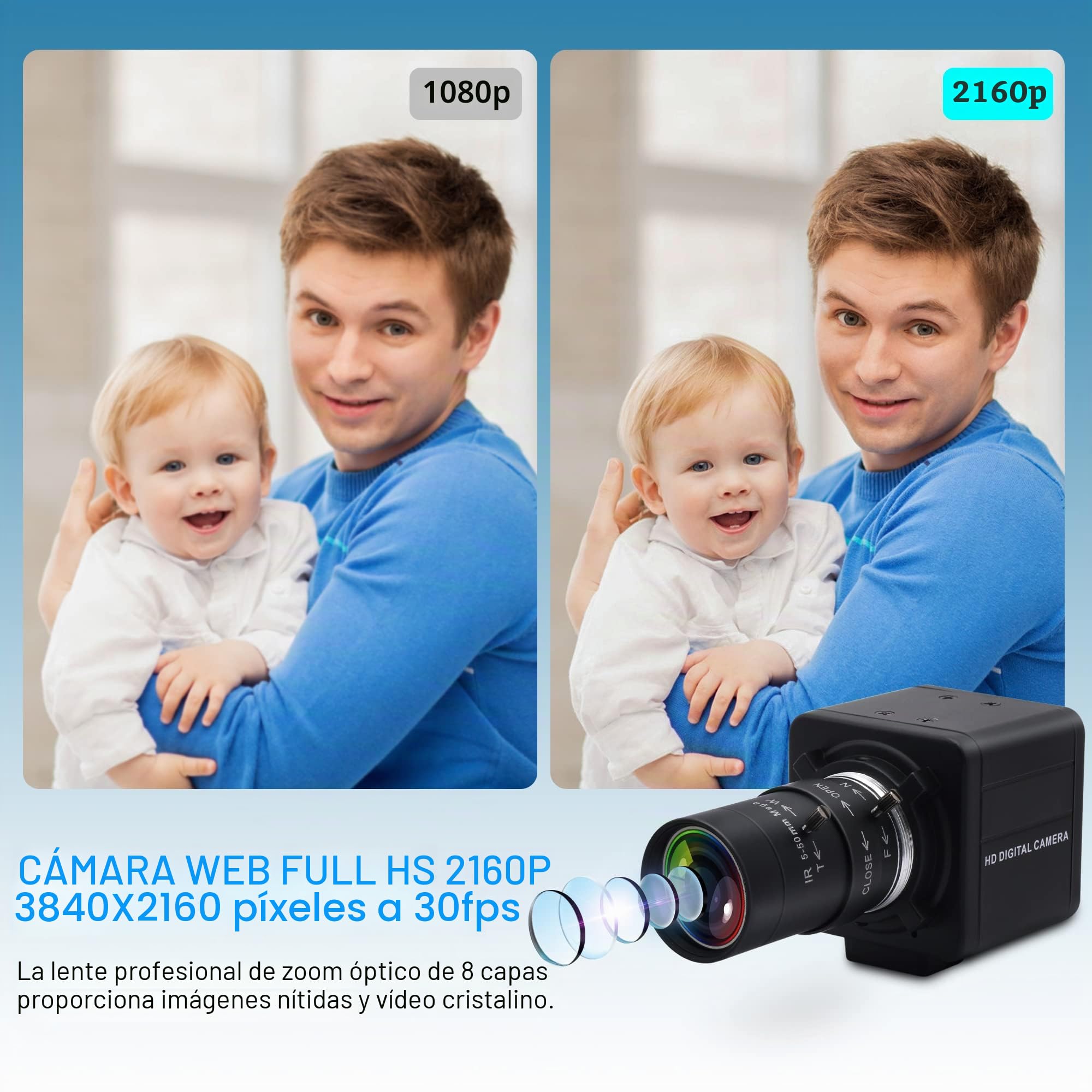 G Webcam 4K Varifocal USB 10X Zoom Óptico, 5-50 mm Vari-Focus Webcam 4K Ultra HD 2160P, Sensor IMX317, Varifocal USB Zoom Webcam para Mac/Windows/Linux