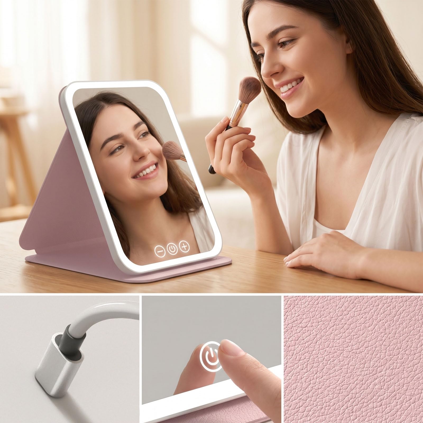 Espejo de maquillaje LED 10X aumento regulable, carga Type-C 17.5x23cm, plegable