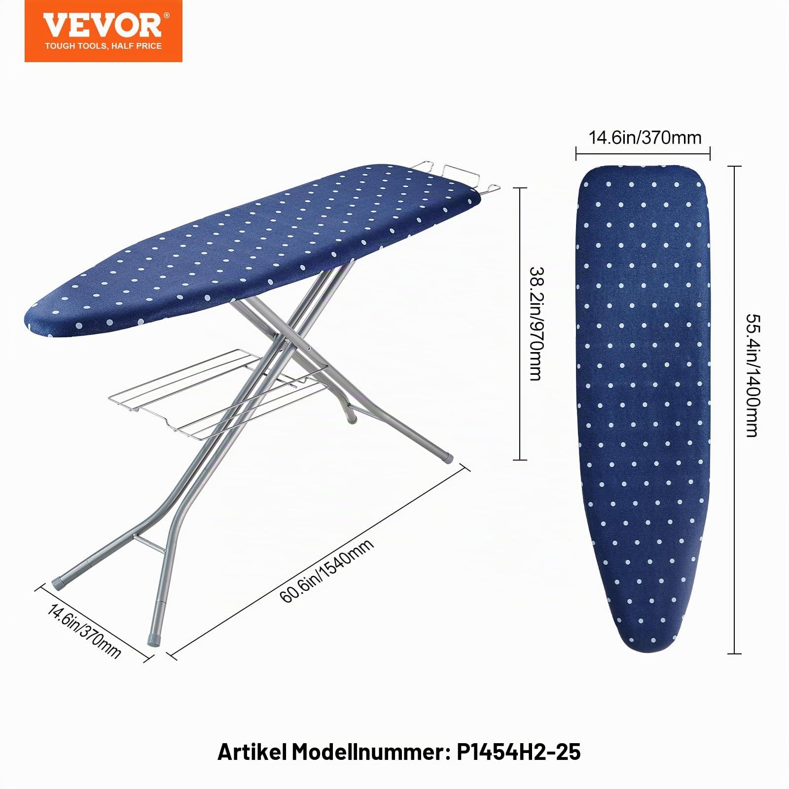 VEVOR Bügelbrett Dampfbügelbrett Dampfbügeltisch mit Bügeleisenablage, 4 Schichten Klappbarer Bügeltisch 1400 x 370 mm Bügelfläche, 10 Höhenverstellbar 640–970 mm 30 kg Belastbar Blau Bügeln