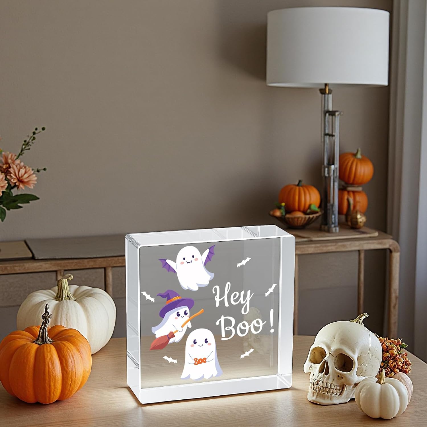 Halloween Decorations Indoor Home Room Cute Ghosts Table Sign Acrylic Rustic Boo Shelf Desk Office Decor Season Sign House Warming Gifts 4.9 x 4.9 Inch