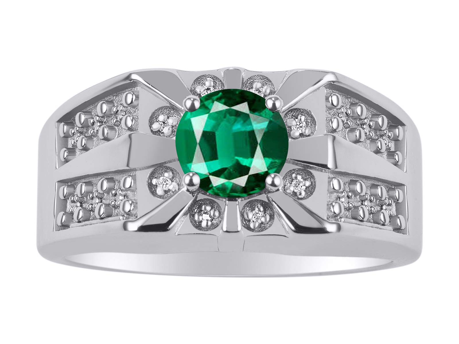 RYLOS Classic Starburst Design With Round Green Emerald & Diamond Ring - May Birthstone