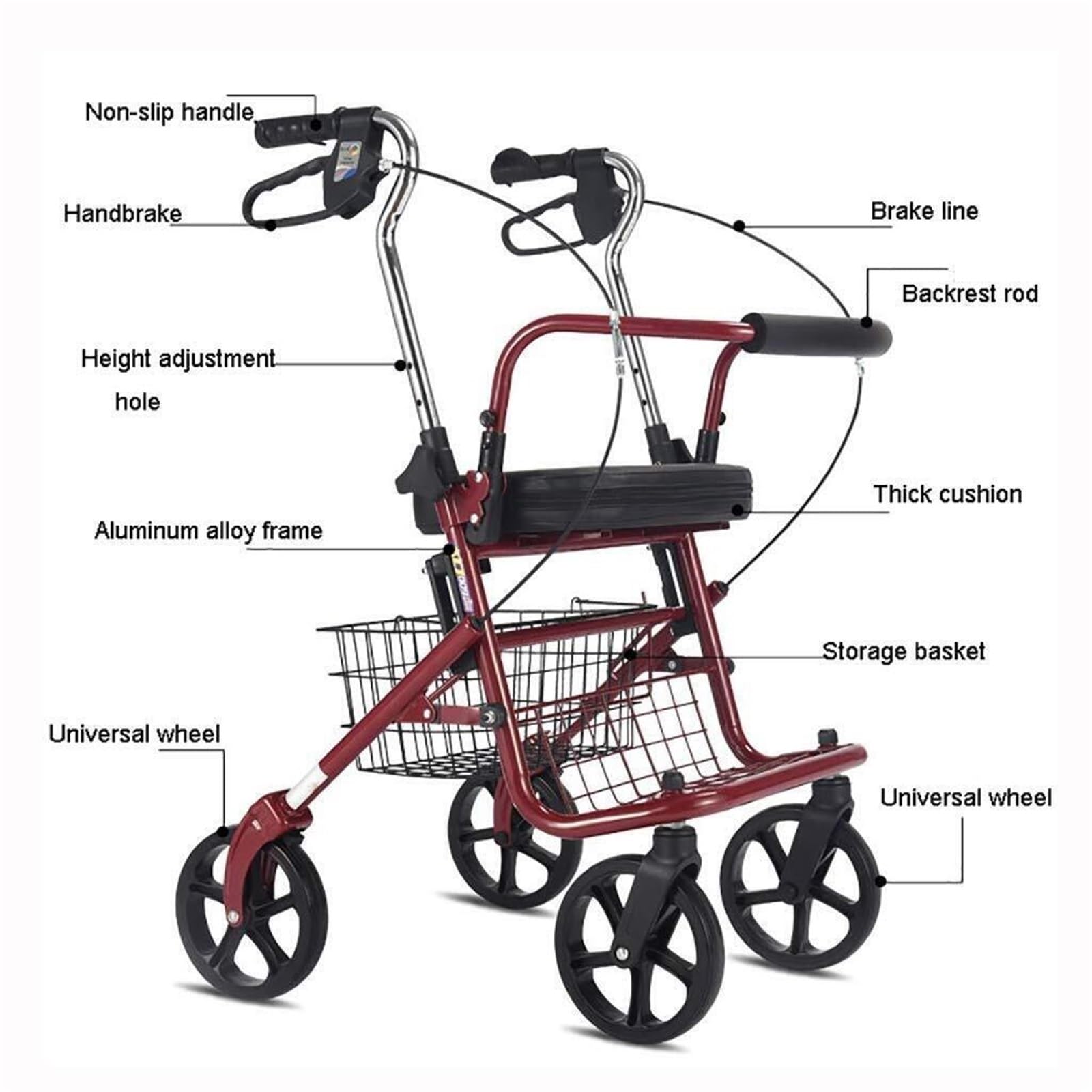 Andador de 4 ruedas con asiento y cesta de acero, altura ajustable for rehabilitación de personas mayores.