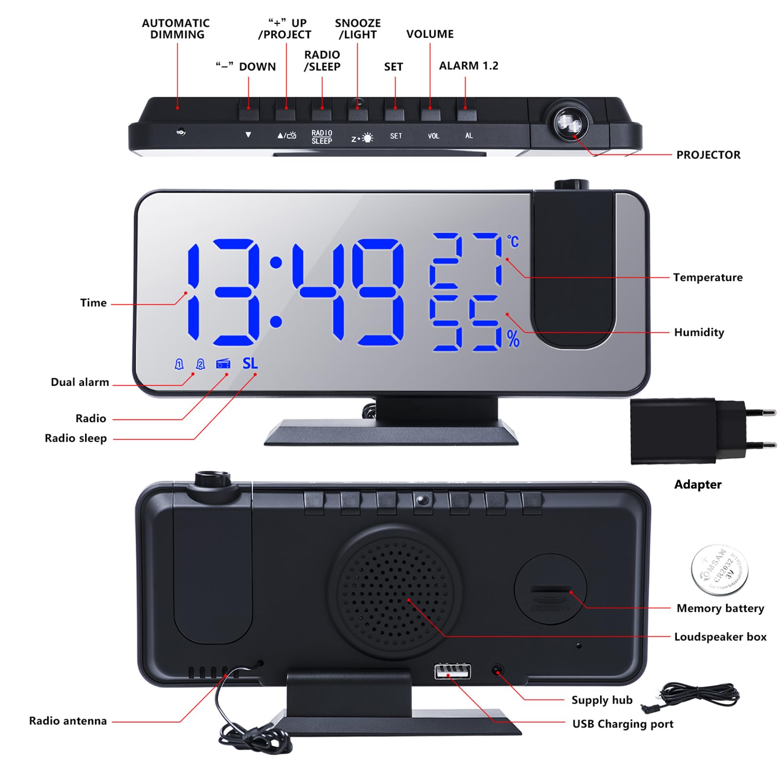 Sveglia a proiezione con radiocontrollo digitale da comodino con adattatore modalità 12/24H temperatura indicatore di umidità dell'aria