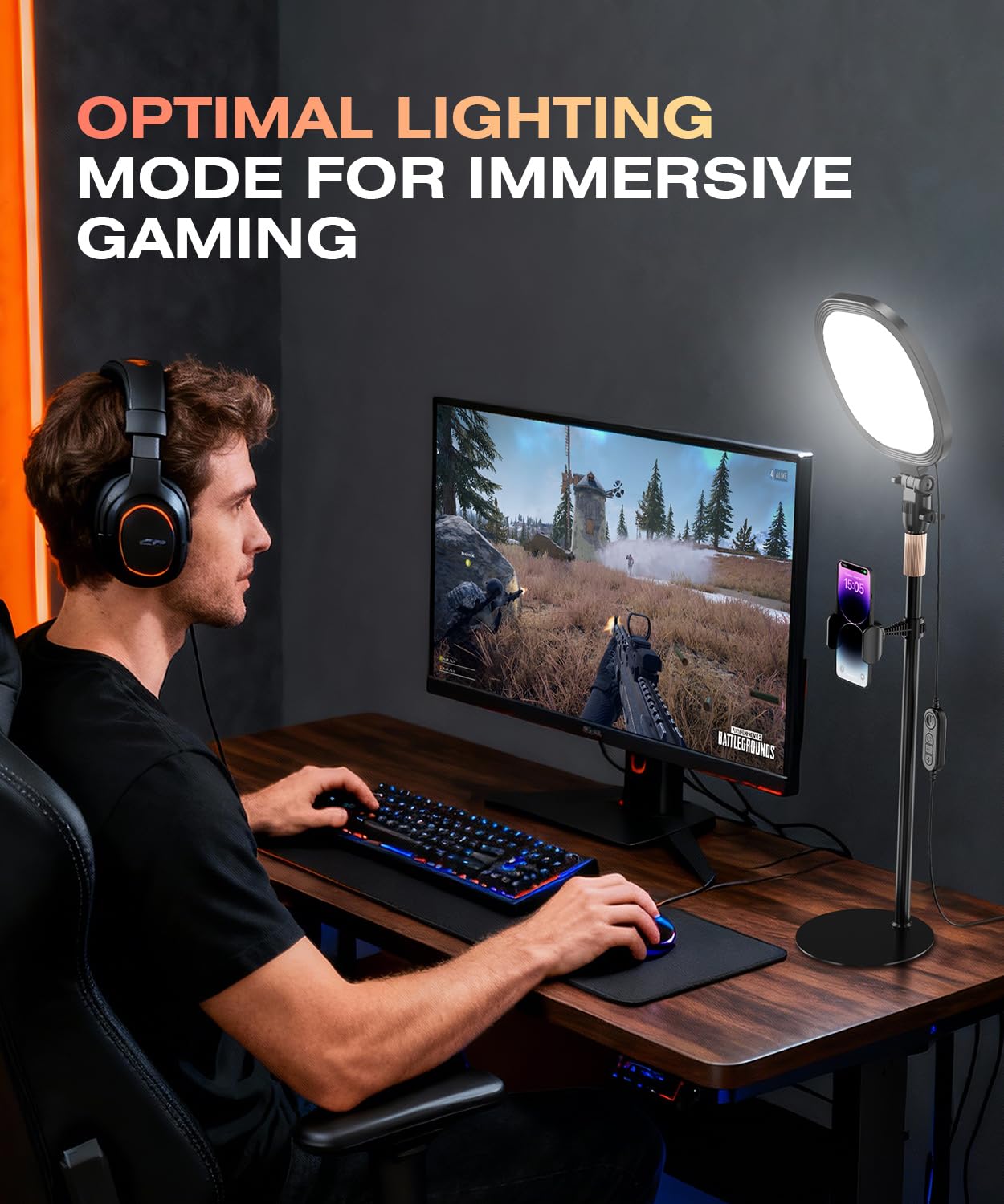 PQRQP Luce ad anello per scrivania, illuminazione morbida per zoom e videochiamate, luce selfie con supporto e supporto per telefono, CRI 97+ luce webcam per registrazione, streaming, casa e ufficio