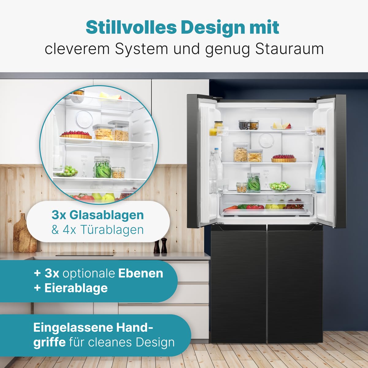 Bomann® French Door Kühlschrank No Frost | Kühl-Gefrier-Kombinationen mit Total No Frost | Kühlschrank mit Gefrierfach 362L | Side by Side Kühlschrank mit MultiAirflow-System | KG 7358 schwarz-inox