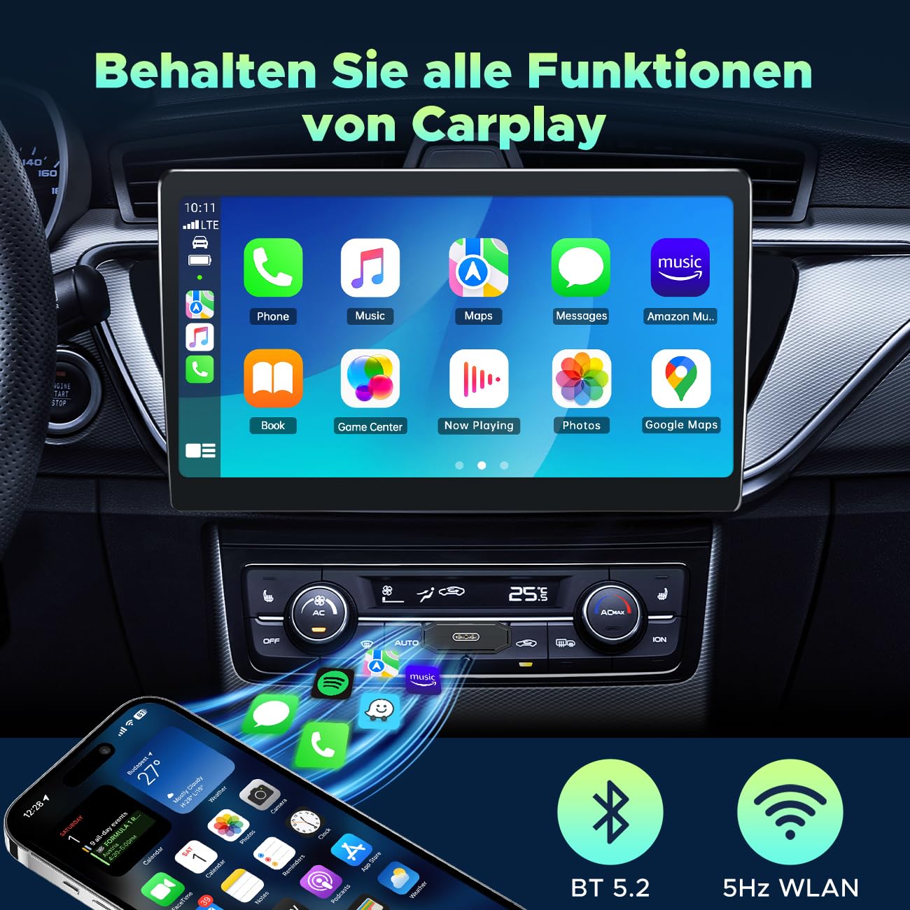 Lamto Adattatore Carplay Wireless 2 in 1 Per A-pple Carplay & Android Auto, Dongle Carplay Wireles Converte Carplay Android Auto Cablato di Fabbrica Senza Fili, Facile da Usare, iOS 10+ & Android 11+