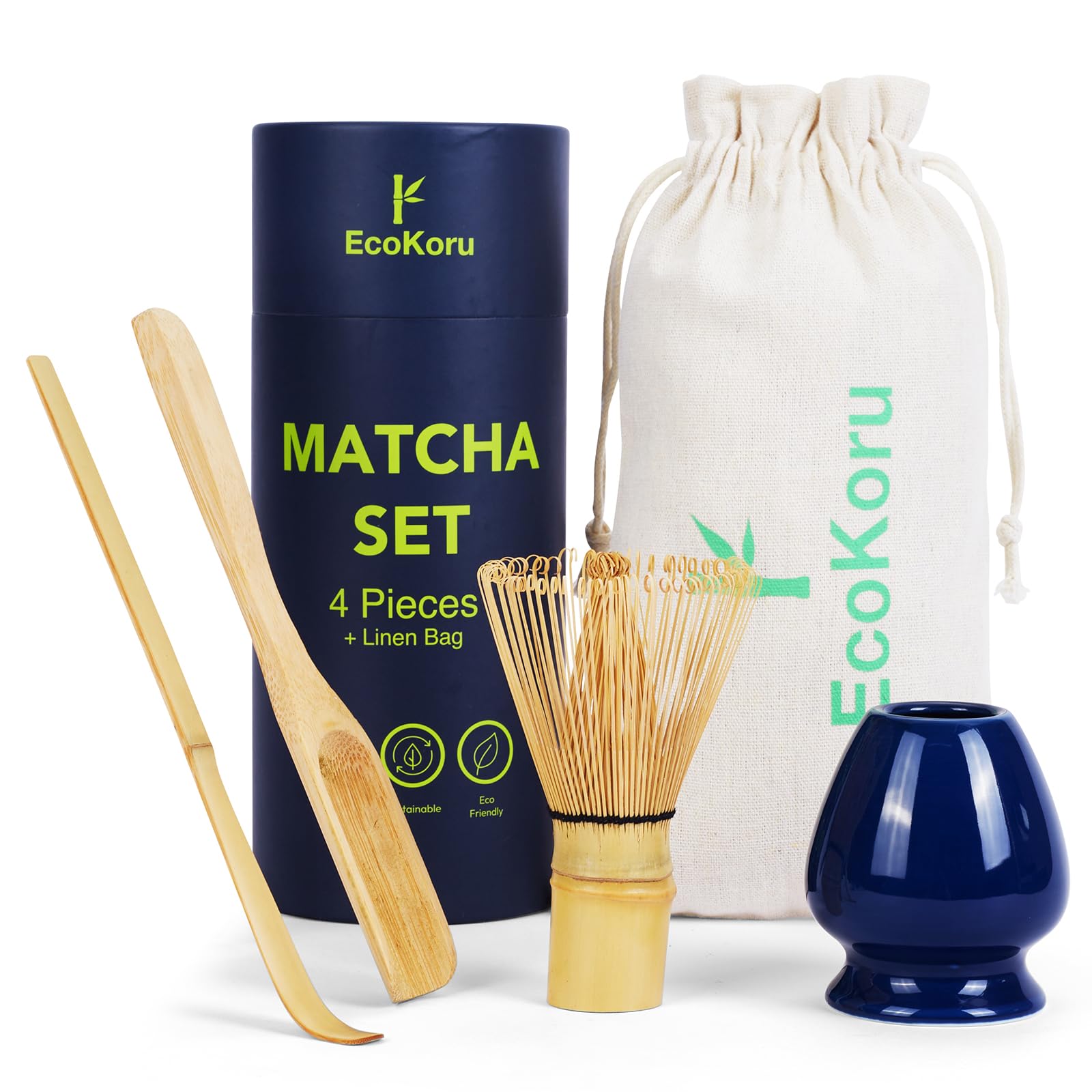 Set Té Matcha | Kit Tradicional 4 Piezas con Batidor de Bambú Natural (100 Puntas), Soporte Cerámico Azul Marino, Chashaku, Espátula y Bolsa de Lino Ecológica