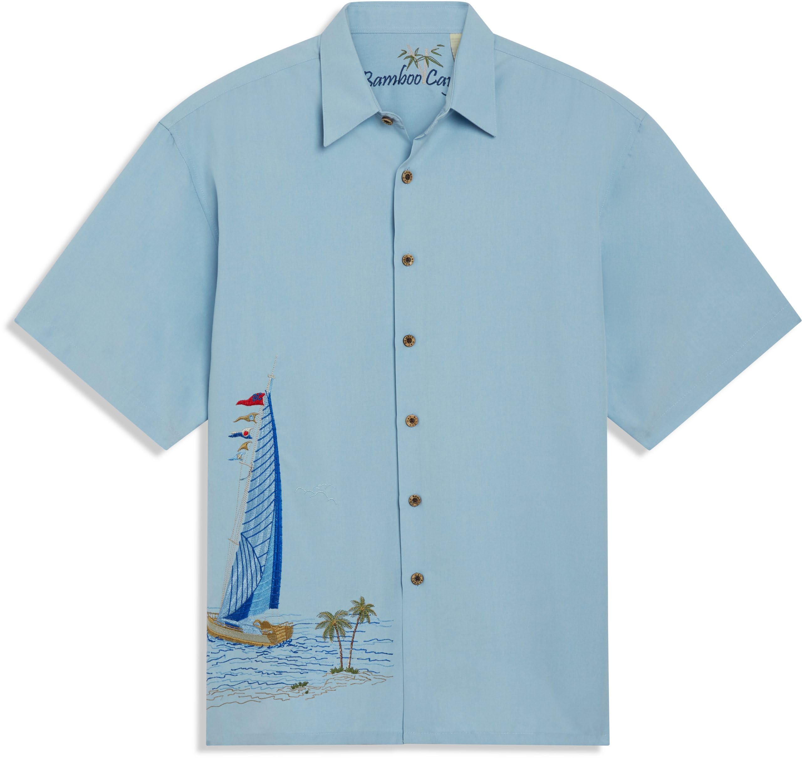 Bamboo CayMen's Sailing The Good Life Embroidered Button-Up Camp Shirt (Small, Chalk Blue)