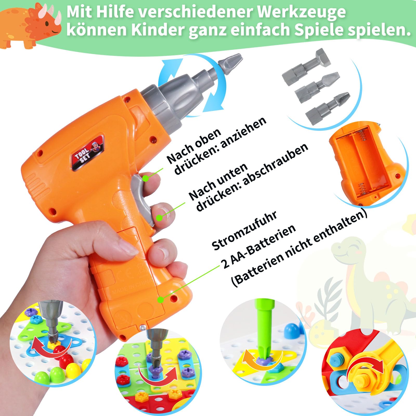 Spielzeug ab 3 Jahre Mosaik Steckspiel mit Elektrische Bohrmaschine Schrauben Steckspiel Kinder Werkzeug Montessori Spielzeug Puzzle ab 3 Jahre Akkuschrauber Geschenke 3 4 Jahre Junge 224 Stück