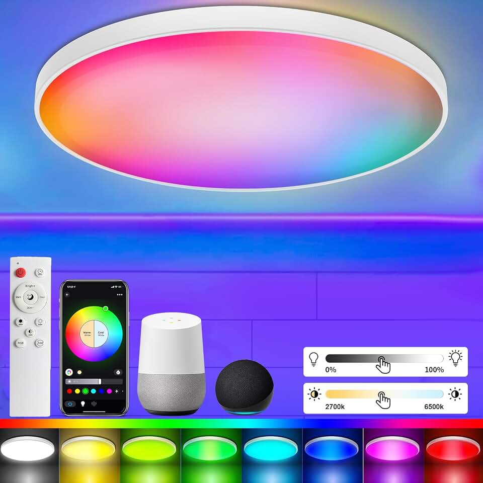 Lampara Techo LED 30W Cambia Color RGB, Regulable 2700K-6500K Dimmable, Control App/Mando a Distancia, Luz Inteligente Compatible con Alexa & Google Home para Dormitorio Salón Cocina