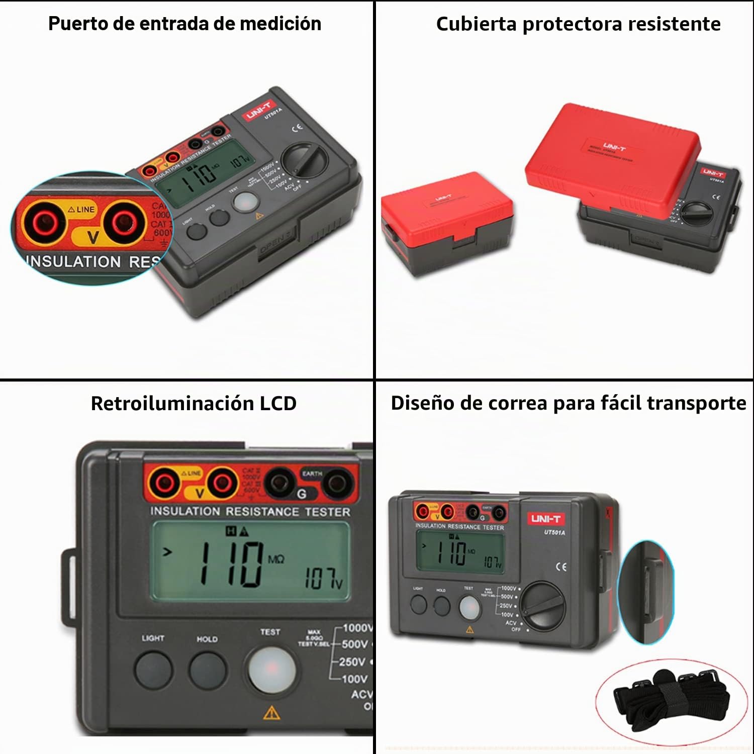 UNI-T UT501A Probador de resistencia de aislamiento, probador Megger, probador de voltaje de resistencia al suelo, voltímetro megohmímetro con retroiluminación