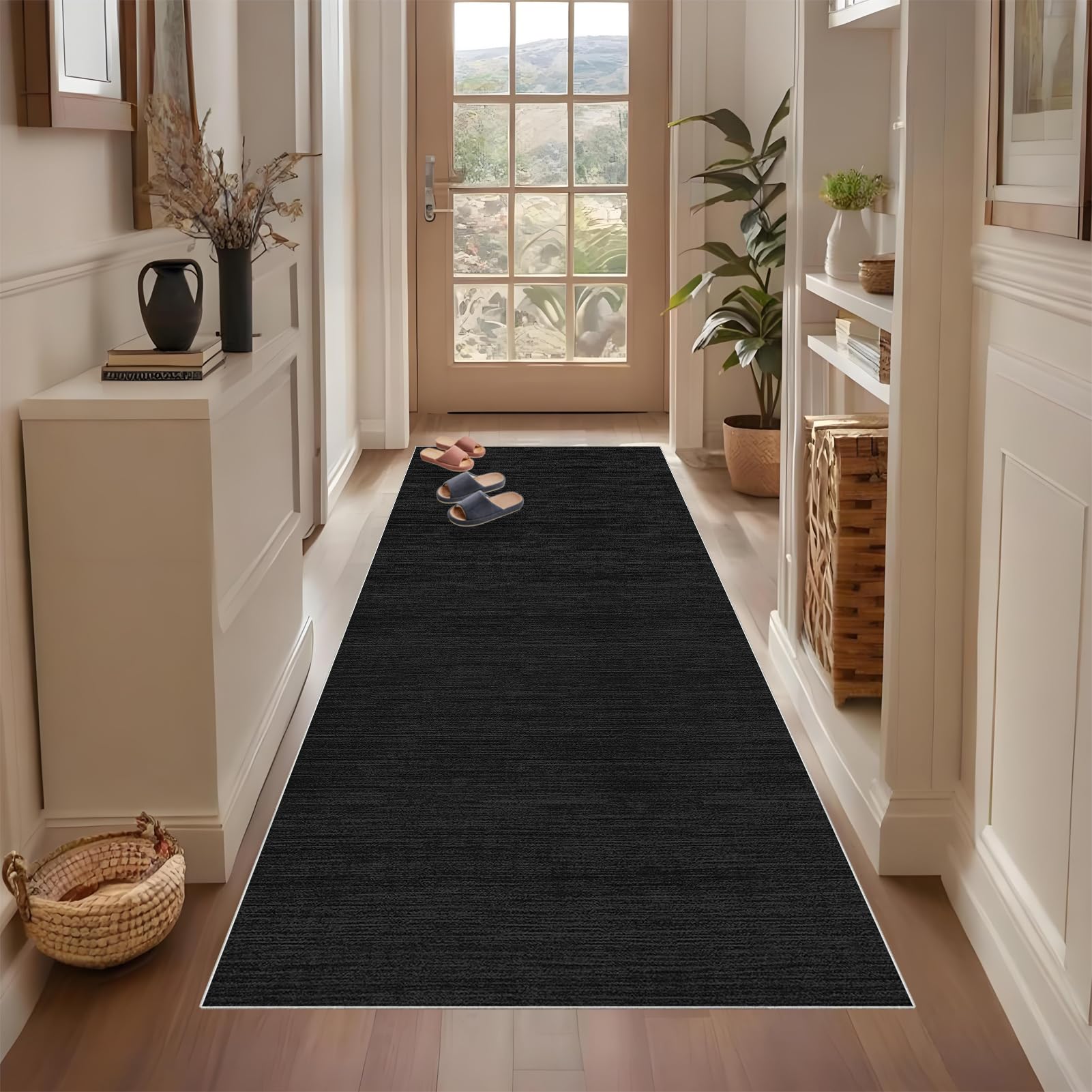 Antypoślizgowy czarny dywan 70 x 300 cm, nadaje się do prania, nowoczesny dywan do kuchni i przedpokoju, wzór z krótkim włosiem do salonu, trwały dywan do obszarów o dużym natężeniu ruchu