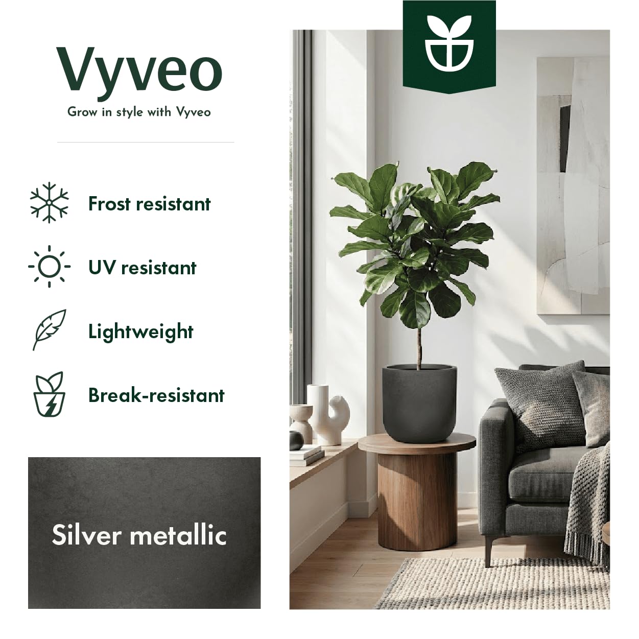 Blumentopf Orena - 56x54 - Silber metallic - Blumentopf für den Innen- und Außeneinsatz - Übertopf - Pflanztopf - Pflanzgefäß
