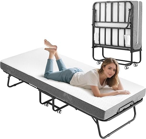 Cama plegable con colchón de espuma, cama plegable individual para invitados, camas portátiles que ahorran espacio con ruedas bloqueables, marco de