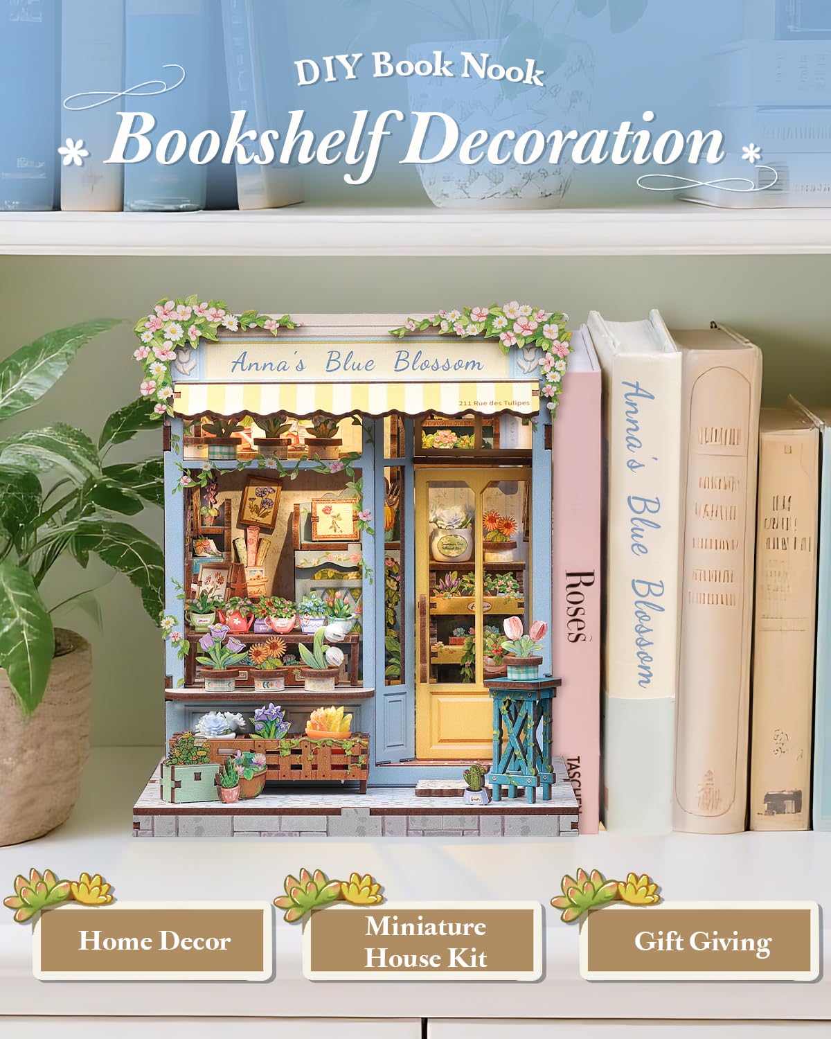 CUTEBEE Book Nook Kit - Kit Casa delle Bambine da Costruire Fai-da-Te, Casa in Miniatura DIY di Fioriture Serene, Fermalibri in Legno 3D, Decorazione Creativa per Librerie, Regali(Anna's Blue Blossom)