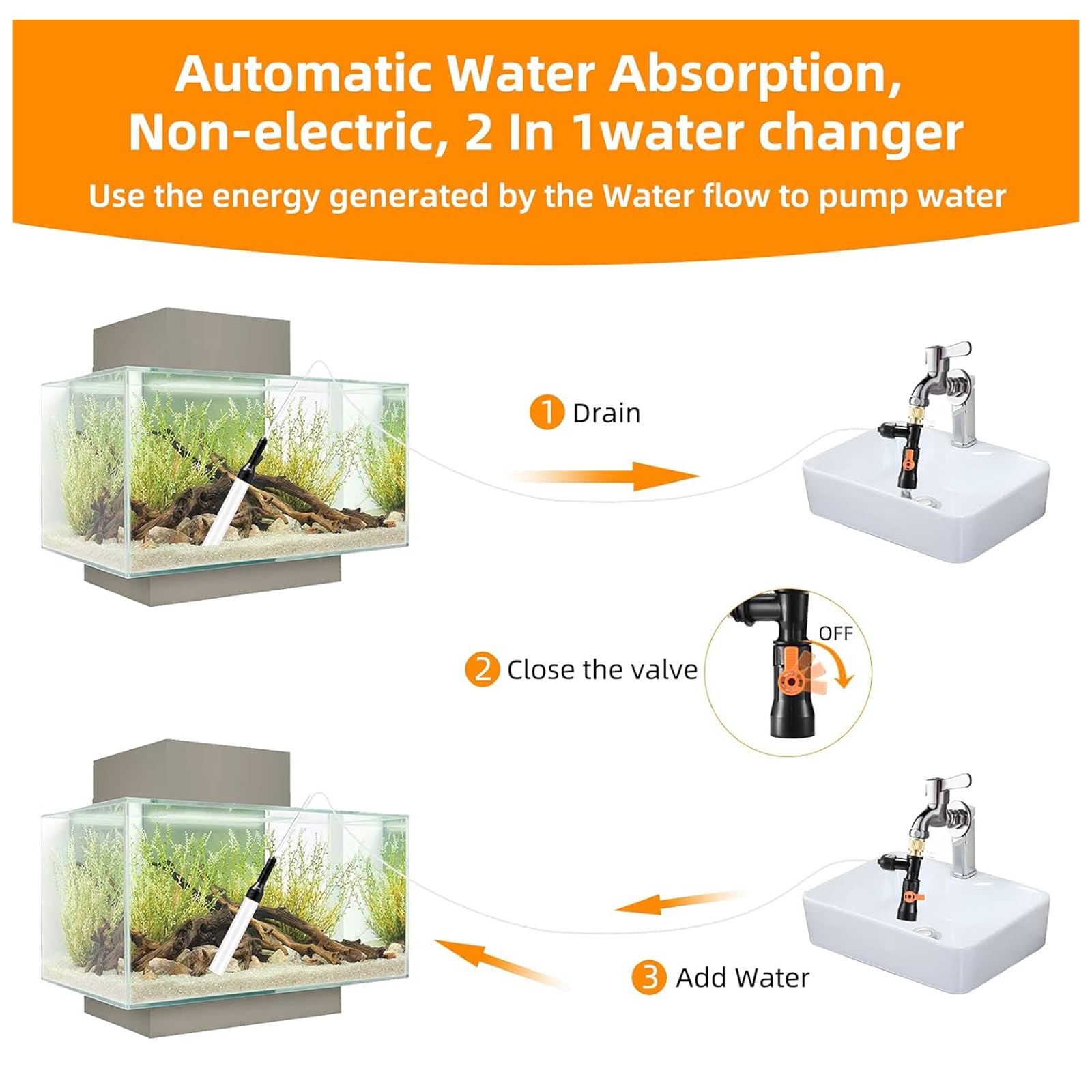 Kiessauger for Aquarien, Siphon, Aquarium-Wasserwechsler Mit DREI Wasserhahnadaptern Aus Metall Und Langen Schlauchfüßen