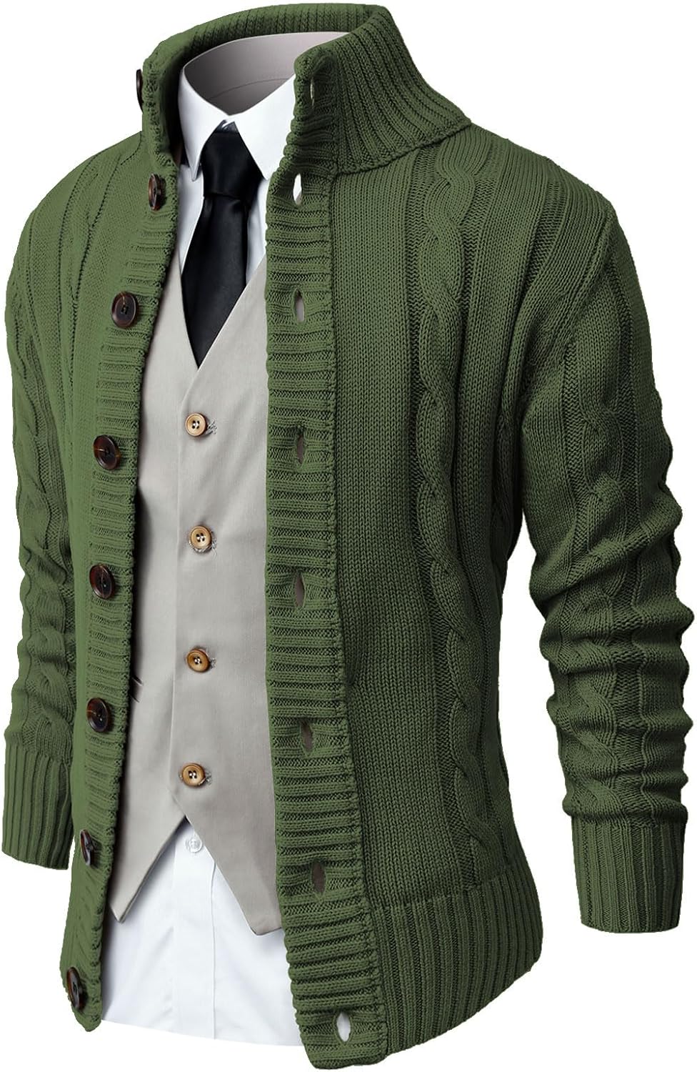 NITAGUT Mens Long Sleeve Stand Collar Cardigan Sweaters Button Down Cable Knitted Sweater
