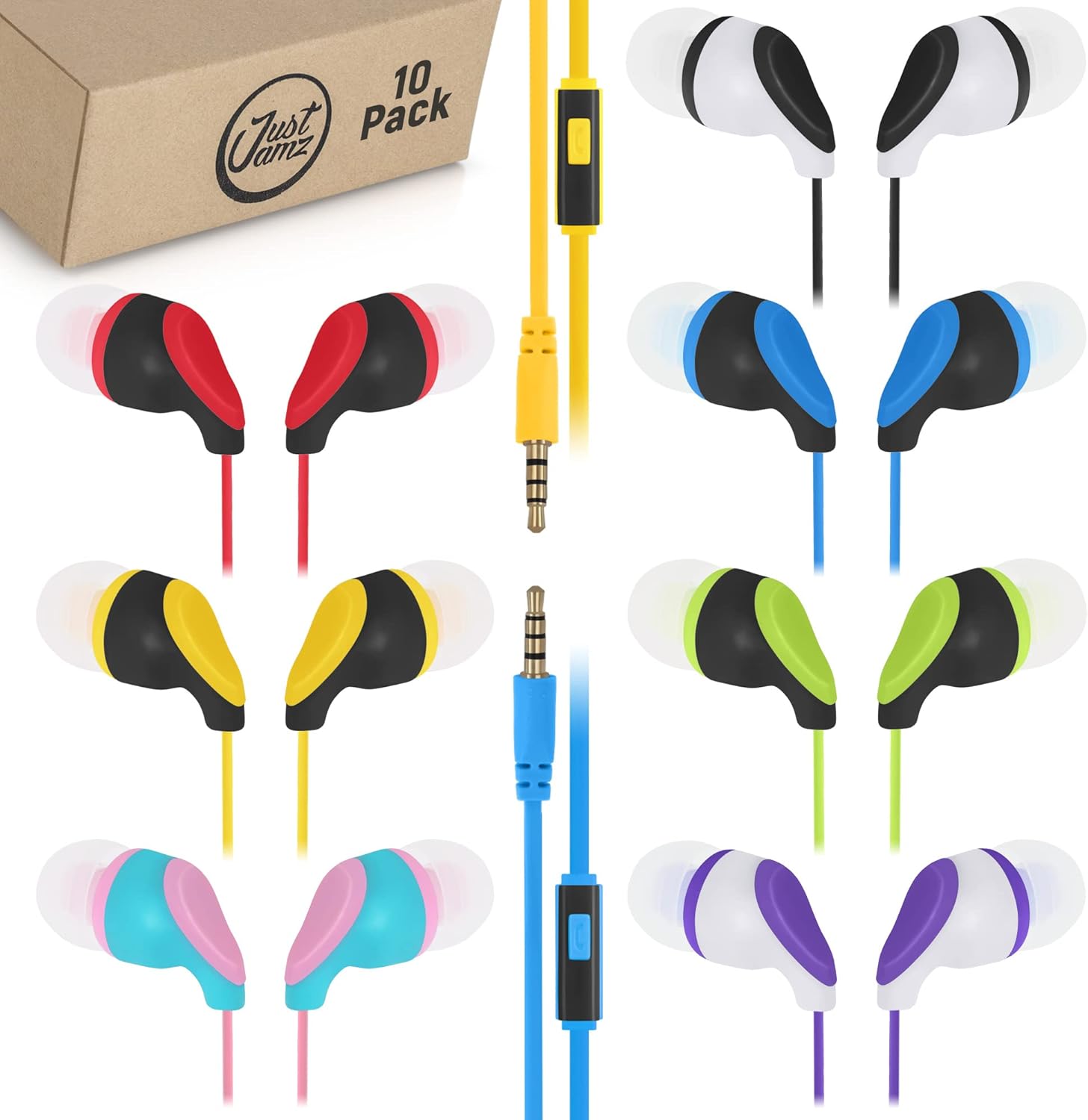 JustJamz Earbuds Kidz, 10 Pack, Earbuds with Microphone, Disposable Earphones, Call with Mic
