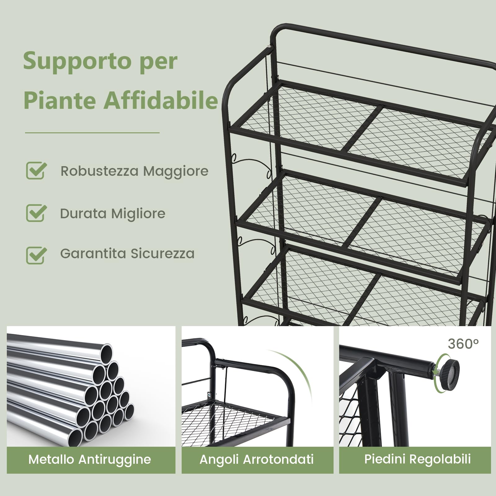 RELAX4LIFE Porta Piante a 4 Ripiani, Scaffale per Piante Pieghevole in Metallo, Porta Vasi con Ripiano Regolabile e Piedini Regolabili, Portavasi Decorativa per Giardino, Balcone e Patio