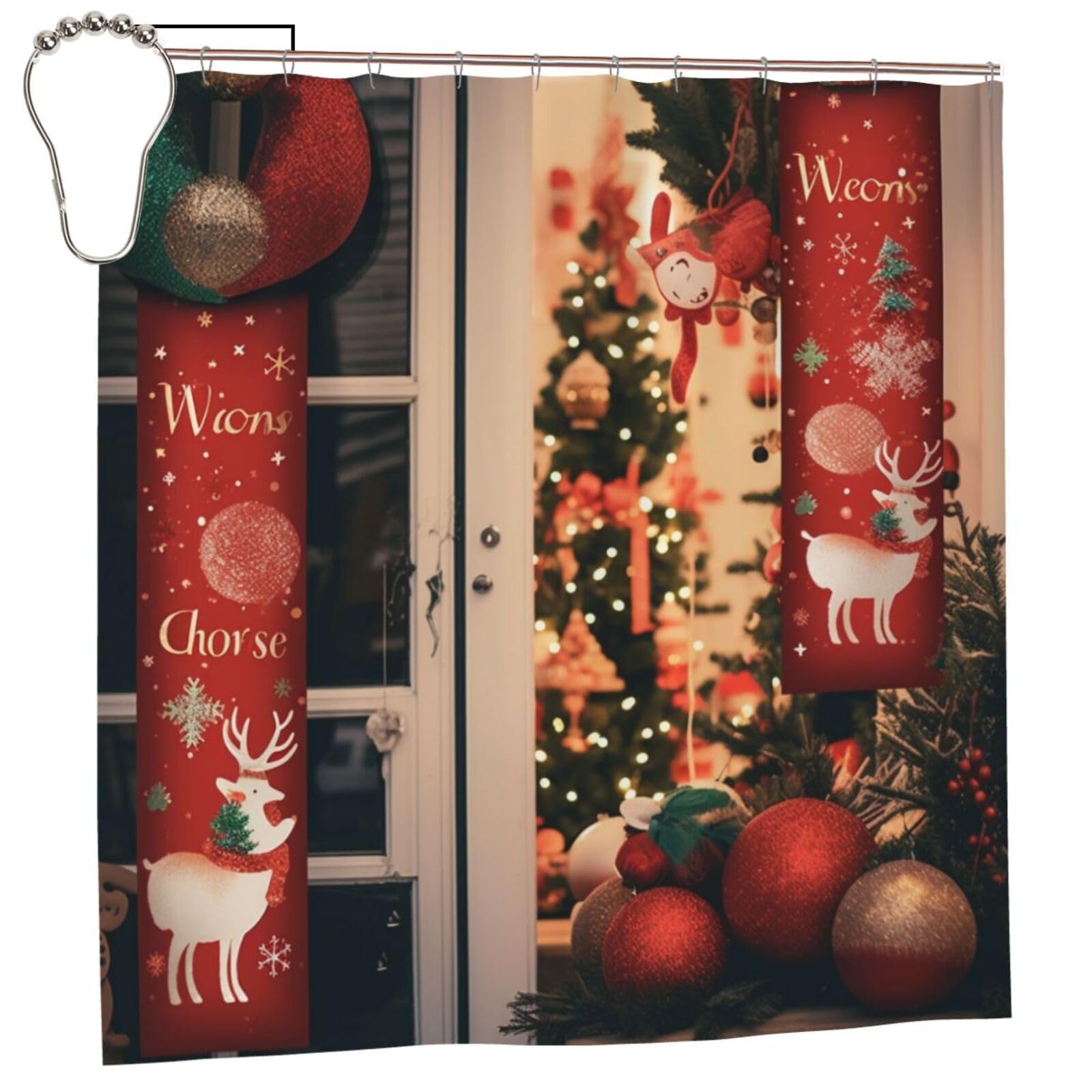 BWWHCCTI Xmas Decorations Printed Shower Curtain With 12 Iron Hooks Opaque Quick Drying Waterproof Shower Curtains Sets For Bathroom 183x183 CM
