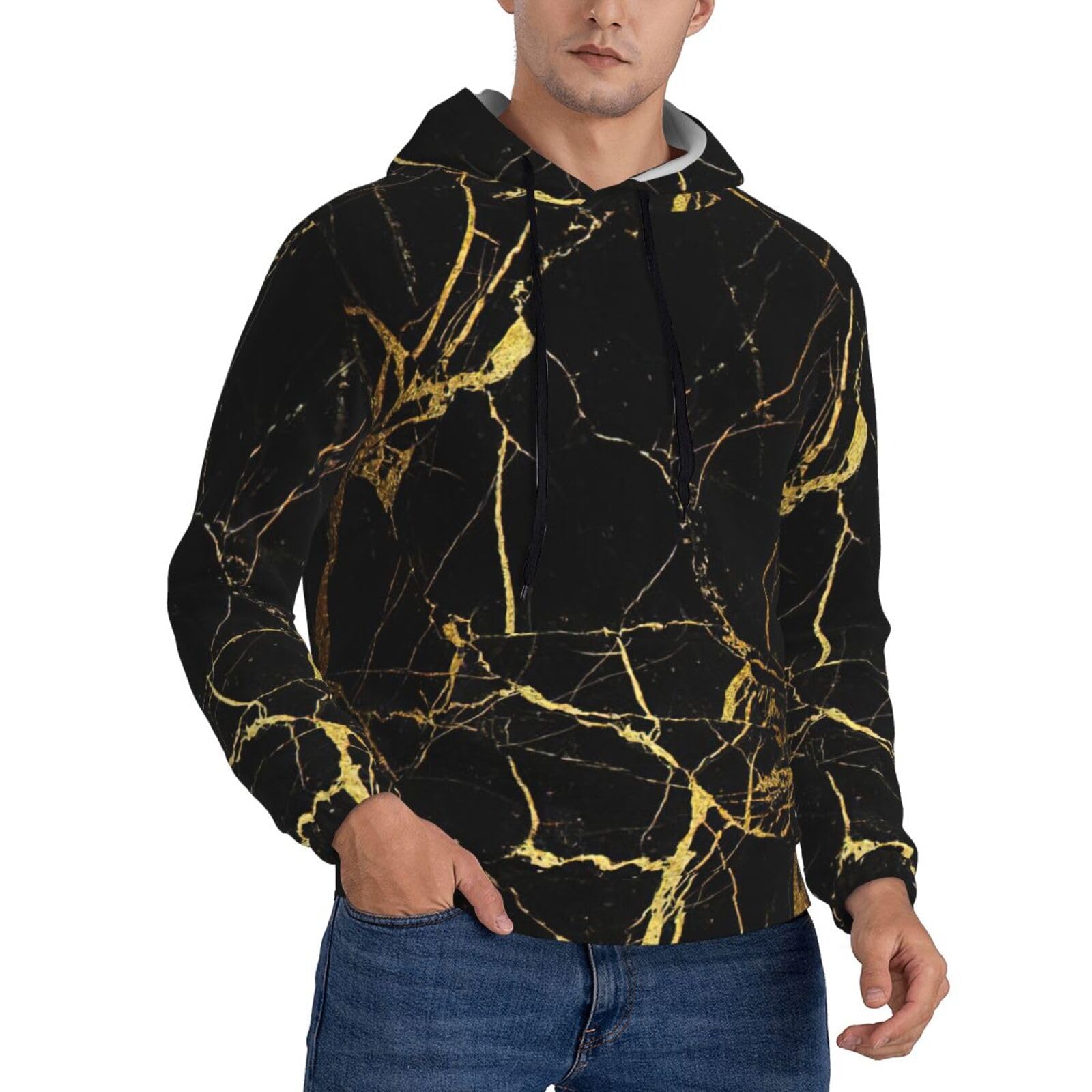 TTIGLHOH Black Gold Marble Printed Casual Graphic Hoodies For Men, Stylish Drawstring Long Sleeve Pullover Sweatshirt With Pocket