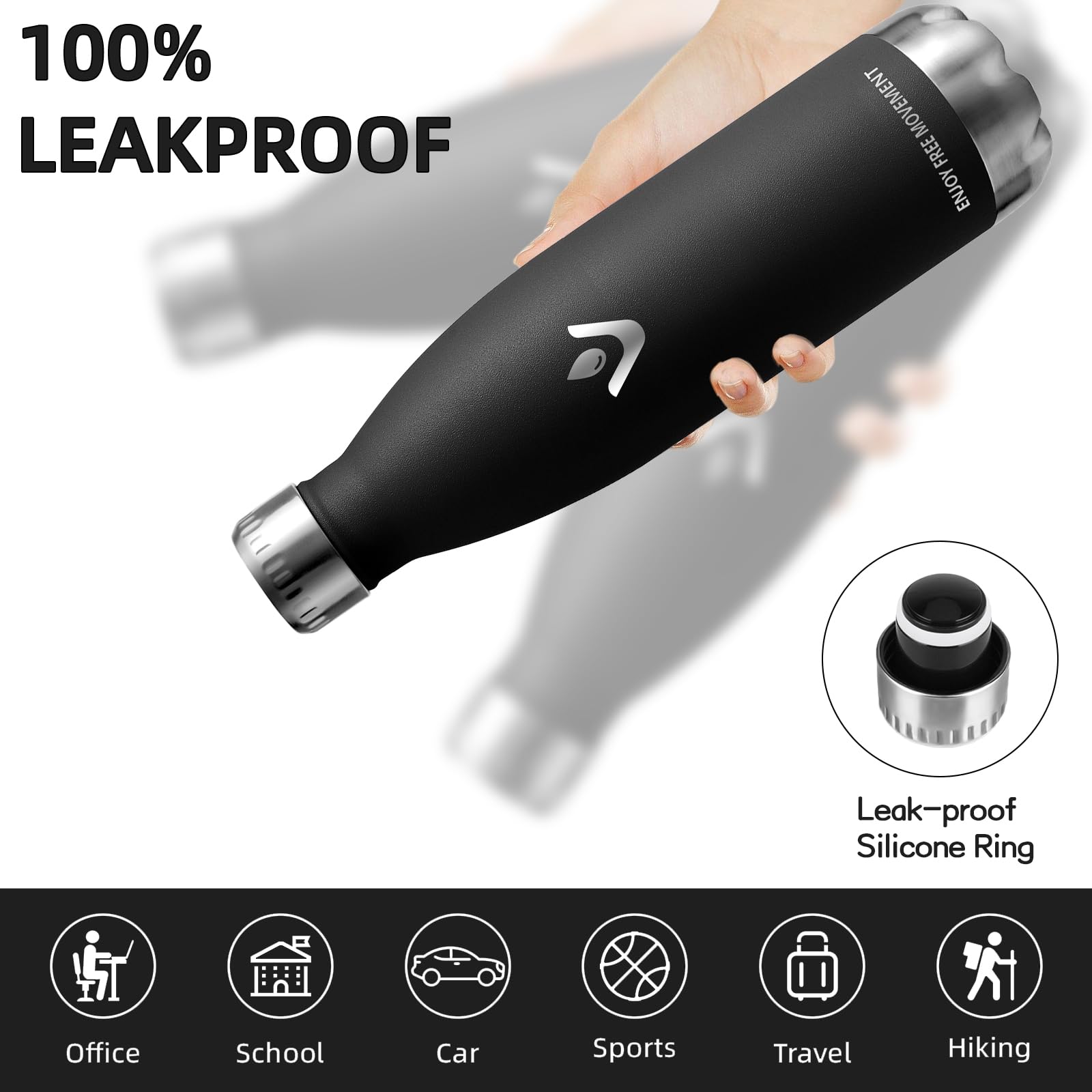 Borraccia- 750 ml- Borraccia Termica, Senza BPA, Borraccia Acciaio Inox, Senza Perdite, Borracce Termiche, Acciaio Inossidabile 18/8, Borraccia Metallo, Facile da Trasportare, per Fitness, Corsa, Nero