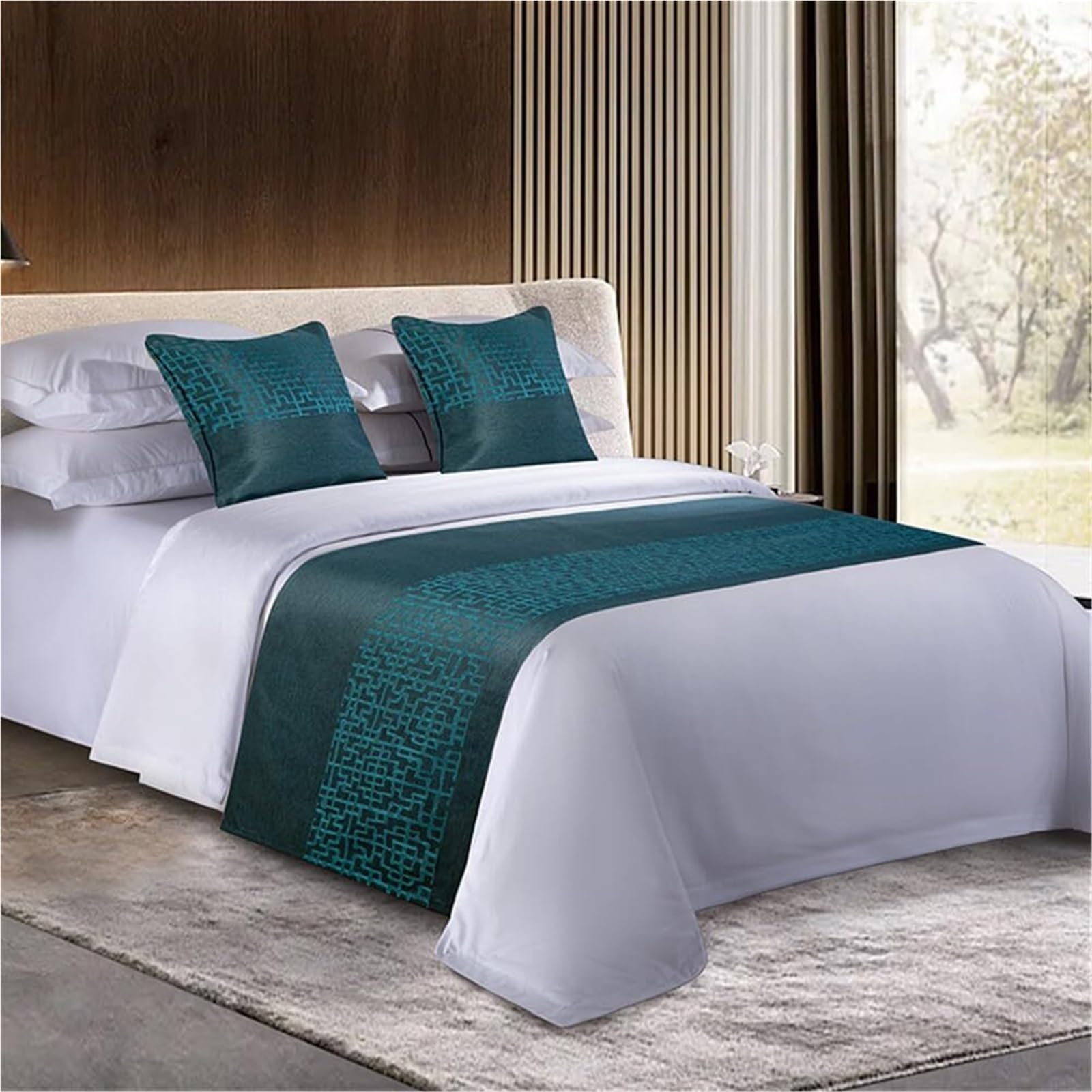FAWFCJD Bed Runners And Matching Cushions Set, Bedroom Bedding Protection Decor Jacquard Bed Scarf Runner With 2 Cushion Covers Bed Runners Scarves Bedding Bed Towel(Blue,50x180cm)