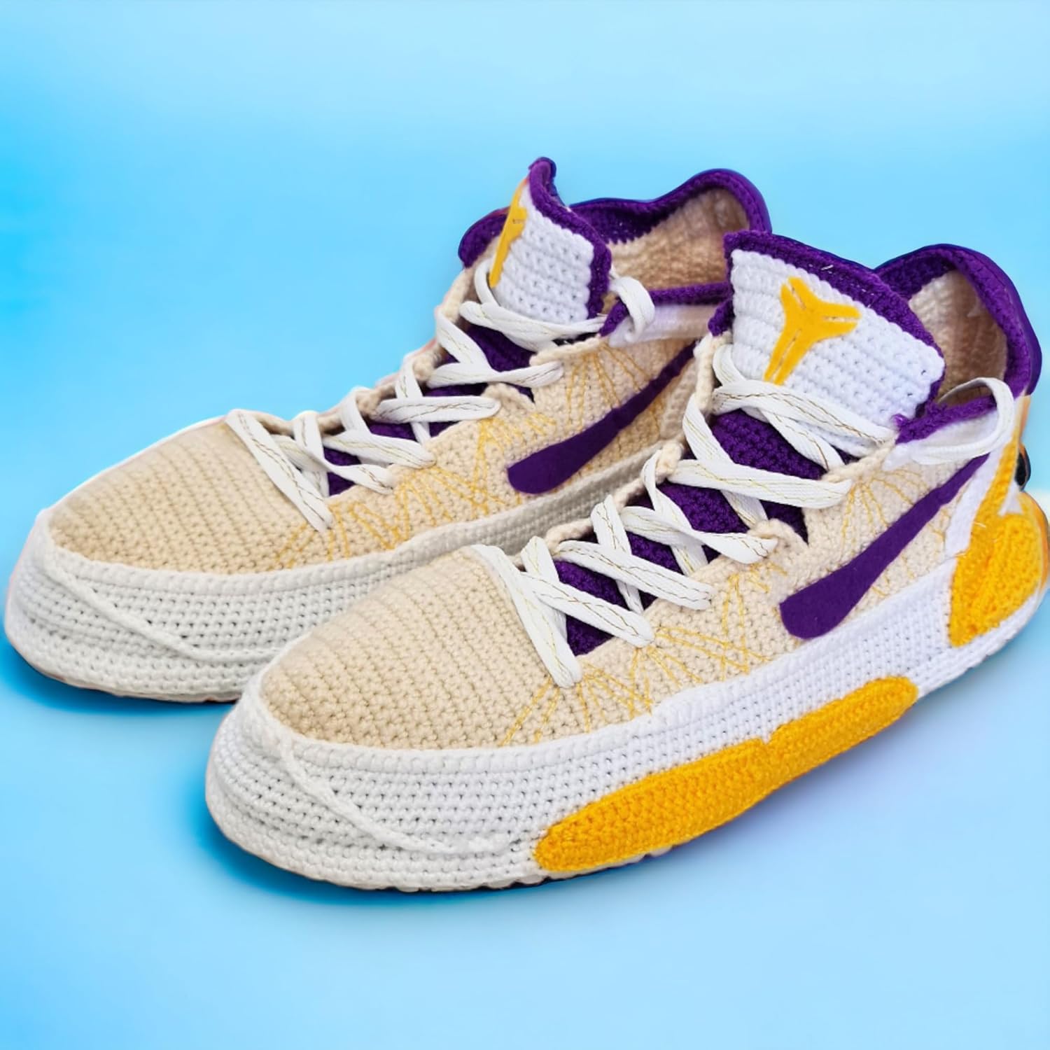 Handmade Rainbow Crochet Kobe-Style Basketball Slippers, Los Angeles Yellow Purple Unisex Low-Top House Shoes, Cozy Wool Plush Sneaker Booties, Custom Streetwear Gift