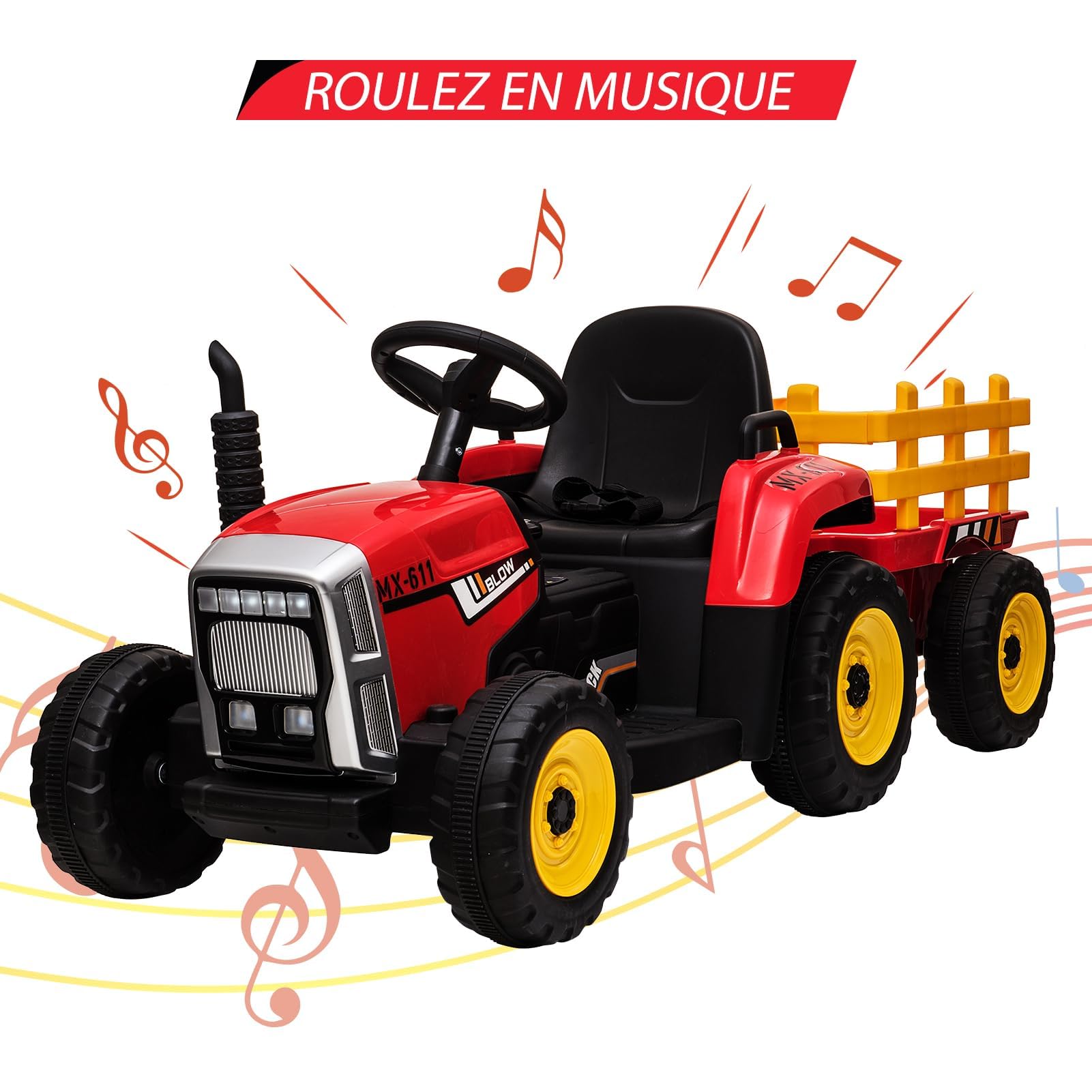Elektrischer Traktor, mehrfarbig, Rot, Grün, Blau, 12 V, 4,5 Ah, Doppelmotor, 25 W, Traktor mit Fernbedienung, mit abnehmbarem Anhänger, LED-Licht und Musik, geeignet für Kinder von 3 – 8