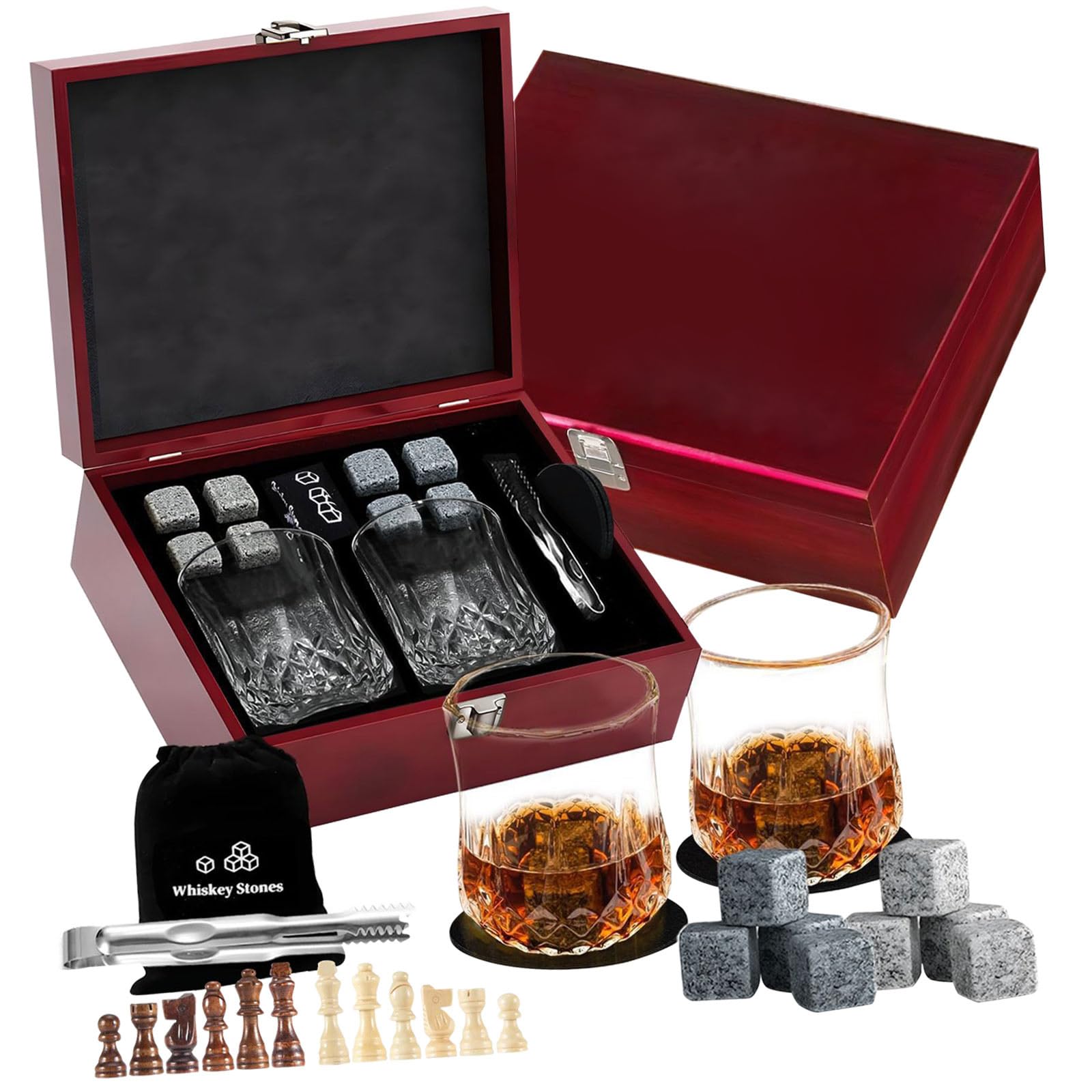 BOYANDM Sophisticated Whiskeys Stone Gifts Bundles Including 2 Crystal Glasses and Chess Game Box for Adults Whiskeys Rock and Chess Themed Glasses