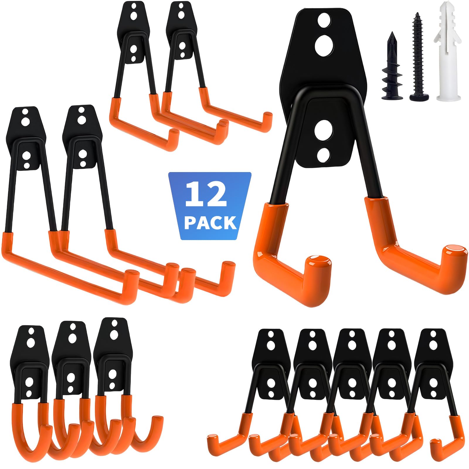 Garage Storage Hooks, 12 Pack Heavy Duty Garage Hooks, 4 Sizes Heavy Duty Wall Mount Hook for Hanging Bike Ladder