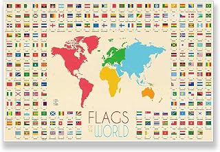 World Map with Country Flags Wall Poster, Educational Geography Chart, Flags Of The World Collection Wall Art Print Decor（16x24in-Unframed）