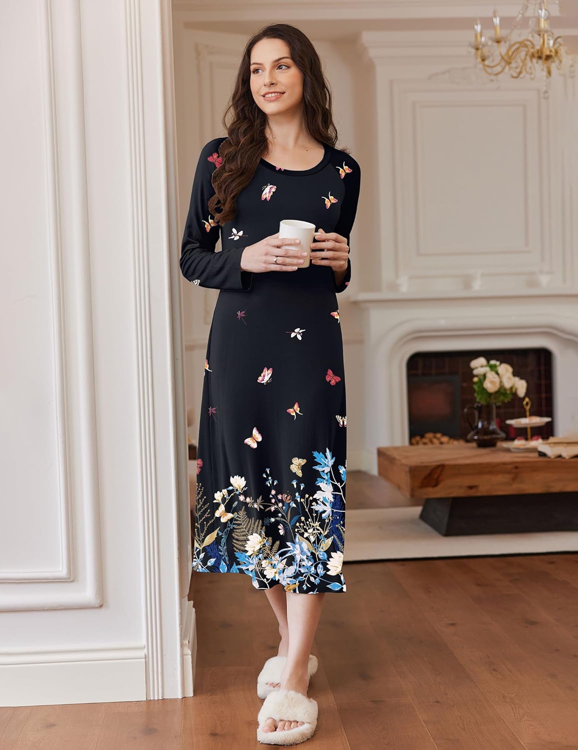 Ekouaer Long Sleeve Nightgowns for Women Calf Length Sleep Shirts Crew Neck Soft Nightshirts S-XXL - Image 3