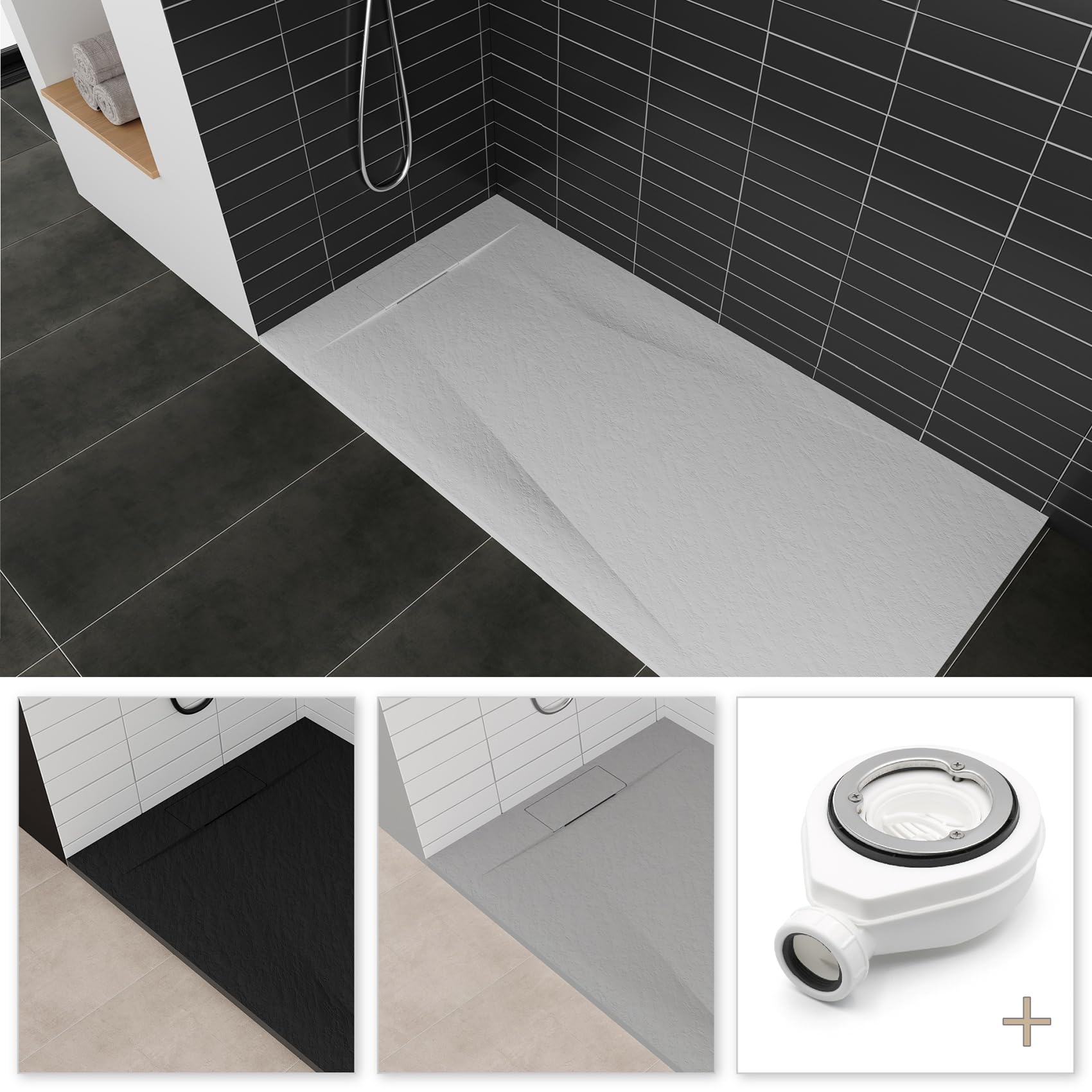 POLAR Receveur de douche blanc extra-plat antidérapant texture pierre 90 x 120 cm + bonde