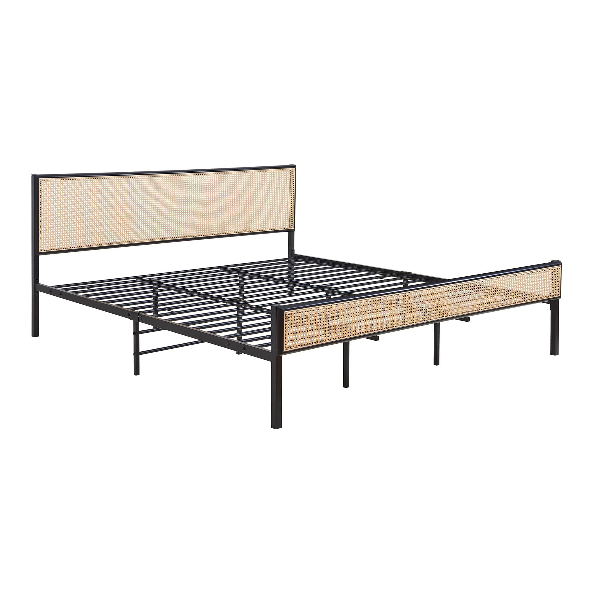 [en.casa] Bett Linköping 180 x 200 cm Bettgestell und Lattenrost Metallbett mit rechteckigem Kopfteil Doppelbett max. 300 kg Schwarz mit Rattanoptik