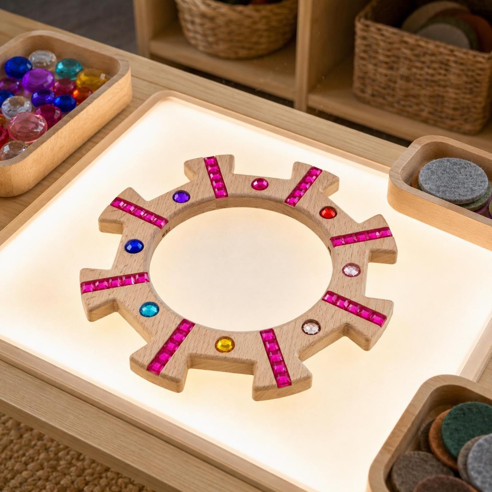 Blocchi Impilabili per Bambini Giocattolo in Legno Naturale Torre Puzzle Anelli con Inserti Acrilici Trasparenti Riconoscibile Adatto per, Rosa
