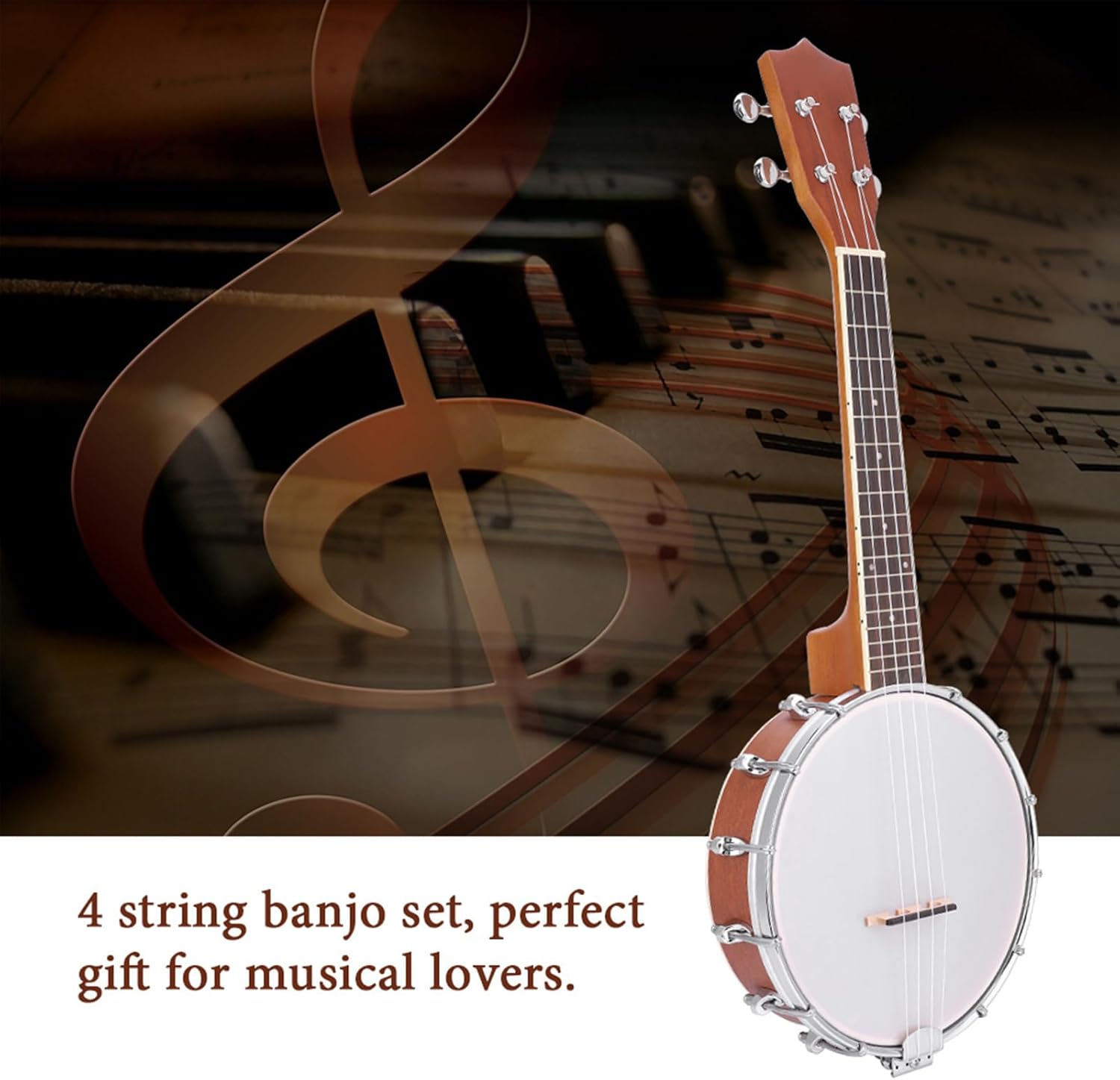 4 String Banjo Set, Complete Starter Kit with Banjo, BJ10 Strings, Capo and Polish Cloth for Beginners and Musical Lovers