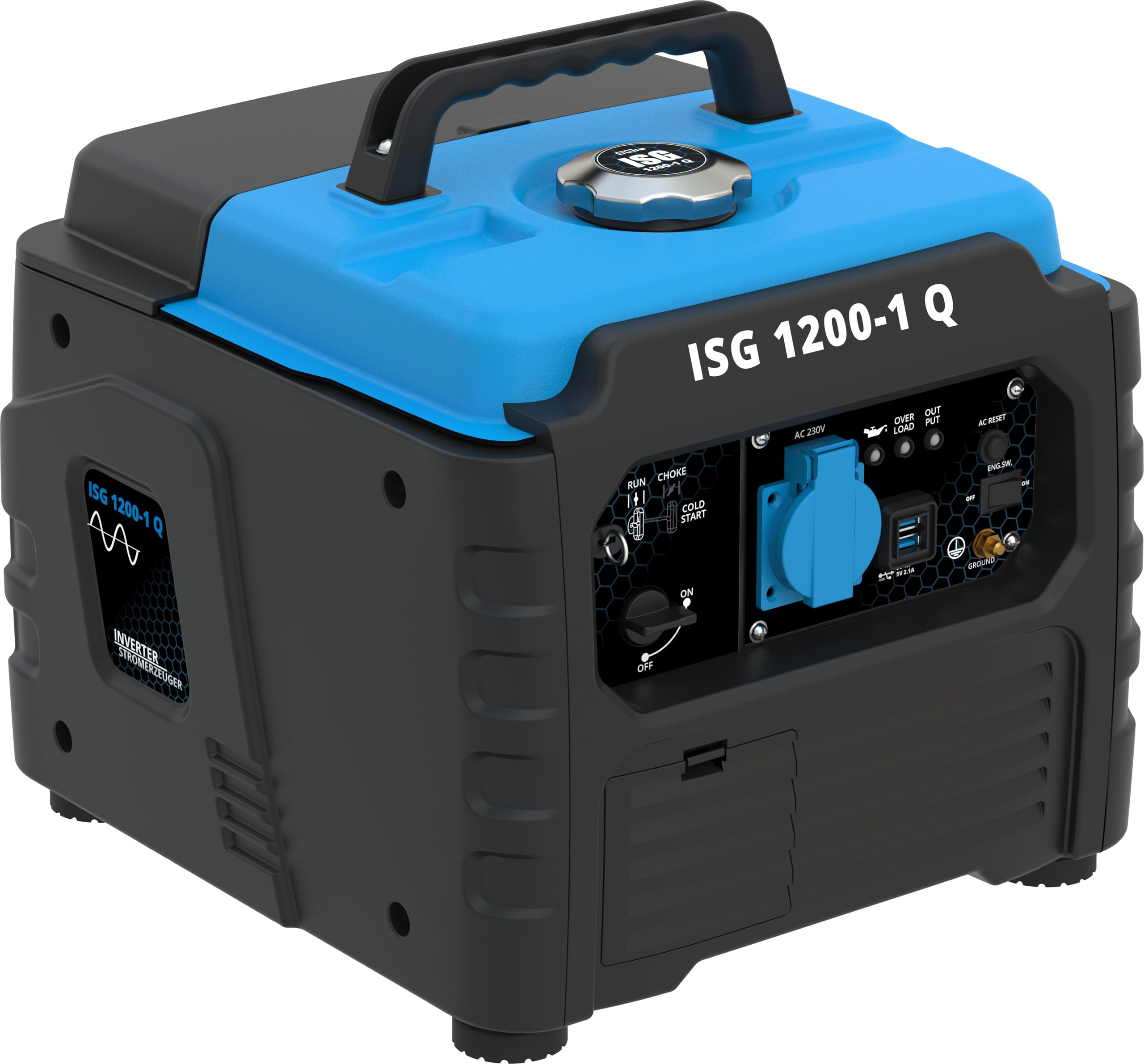 Güde Inverter Stromerzeuger ISG 1200-1 Q (4-Takt Motor, Benzin, 1,3/1,76 (kW/PS), 1x 230V, 2x USB, max. 1200W, Laufzeit bis 6 h, Tank 3 l, Überlastungsschutz, LED-Display, Zubehör, Gewicht 12,4 kg)